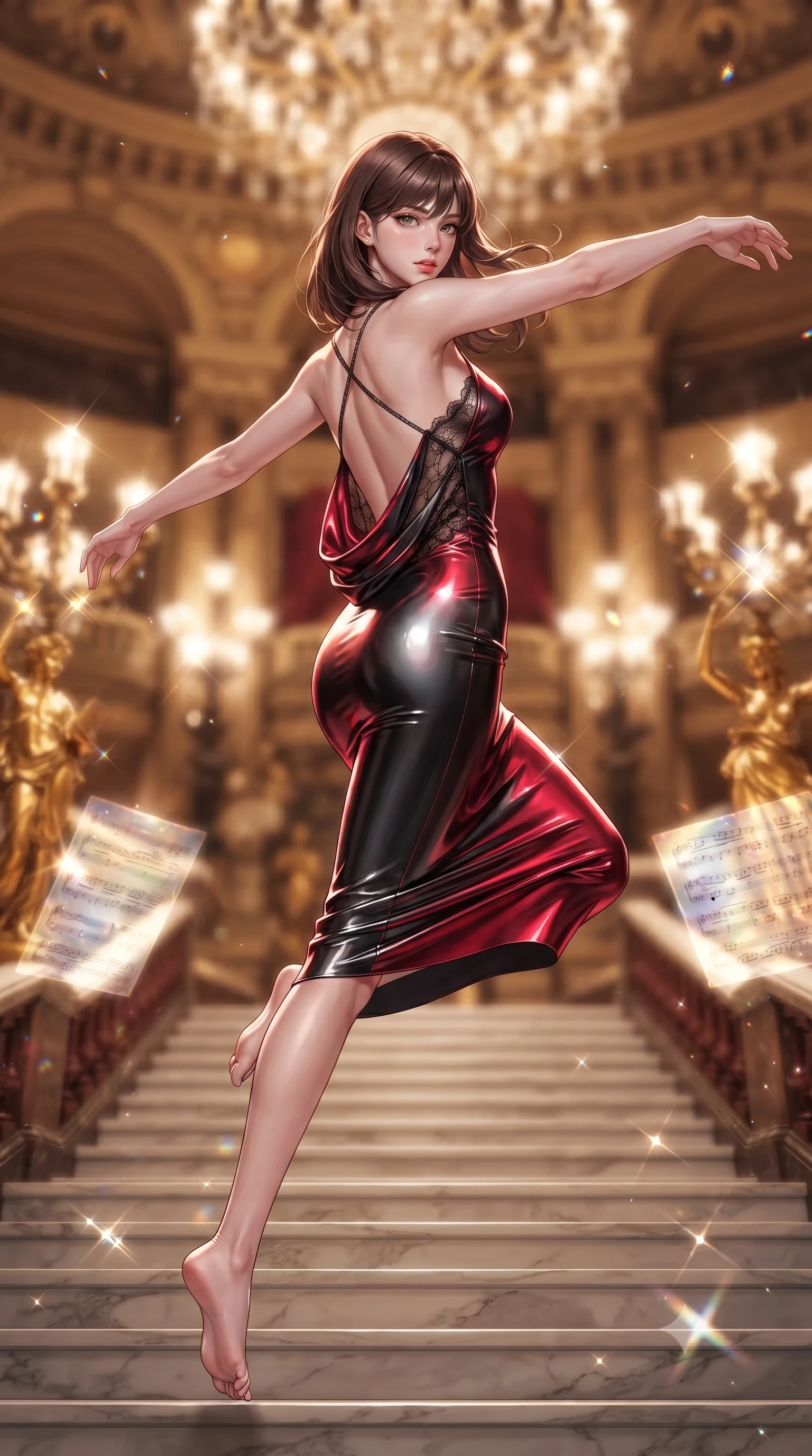 score_9, masterpiece, best quality, ultra-detailed, high-budget anime keyframe, editorial fashion photography, tasteful artistic composition, Korean woman. low angle full-body shot from head to toe showing her feet, filling the entire 9:16 vertical frame with her statuesque presence, stretching her vertical silhouette. performing an alluring mid-air vault with flawless poise, looking directly into the camera with smoldering intensity while pivoting dynamically on a grand marble staircase flanked by golden statues and holographic musical scores. The composition keeps background elements in soft focus with creamy bokeh. gilded opera tiers and thousands of sparkling crystal prisms blurred into warm golden and crimson bokeh. She has an absolutely perfect, statuesque 8.5-heads proportion, an exceptionally tall and slender model-like female figure with impossibly long slender legs and an ultra-slim waist. sharp v-shaped jawline, high-bridge nose, intricate jewel-like eyes with depth, thick eyelashes, glossy lips with a natural sheen, flawlessly proportioned anatomical accuracy, natural body alignment, perfectly sculpted elegant limbs, clean dynamic posture without body distortion. wearing a precision-fitted liquid jersey bodycon dress with a dramatic draped cowl back that swoops down to her waist in glossy obsidian black and radiant crimson red, crafted from delicate dark lace interwoven with luminescent micro-fibers, complemented by criss-cross back straps highlighting her completely bare spine, the form-contouring second-skin material highlighting her ultra-slim waist and long lines. illuminated by sparkling crystal refractions and crisp white front key lighting. ultra-reflective glossy finish, specular highlights, metallic sheen, high-contrast stereoscopic depth, volumetric dynamic lighting, 2k, ultra detail, master piece, 9:16 ratio