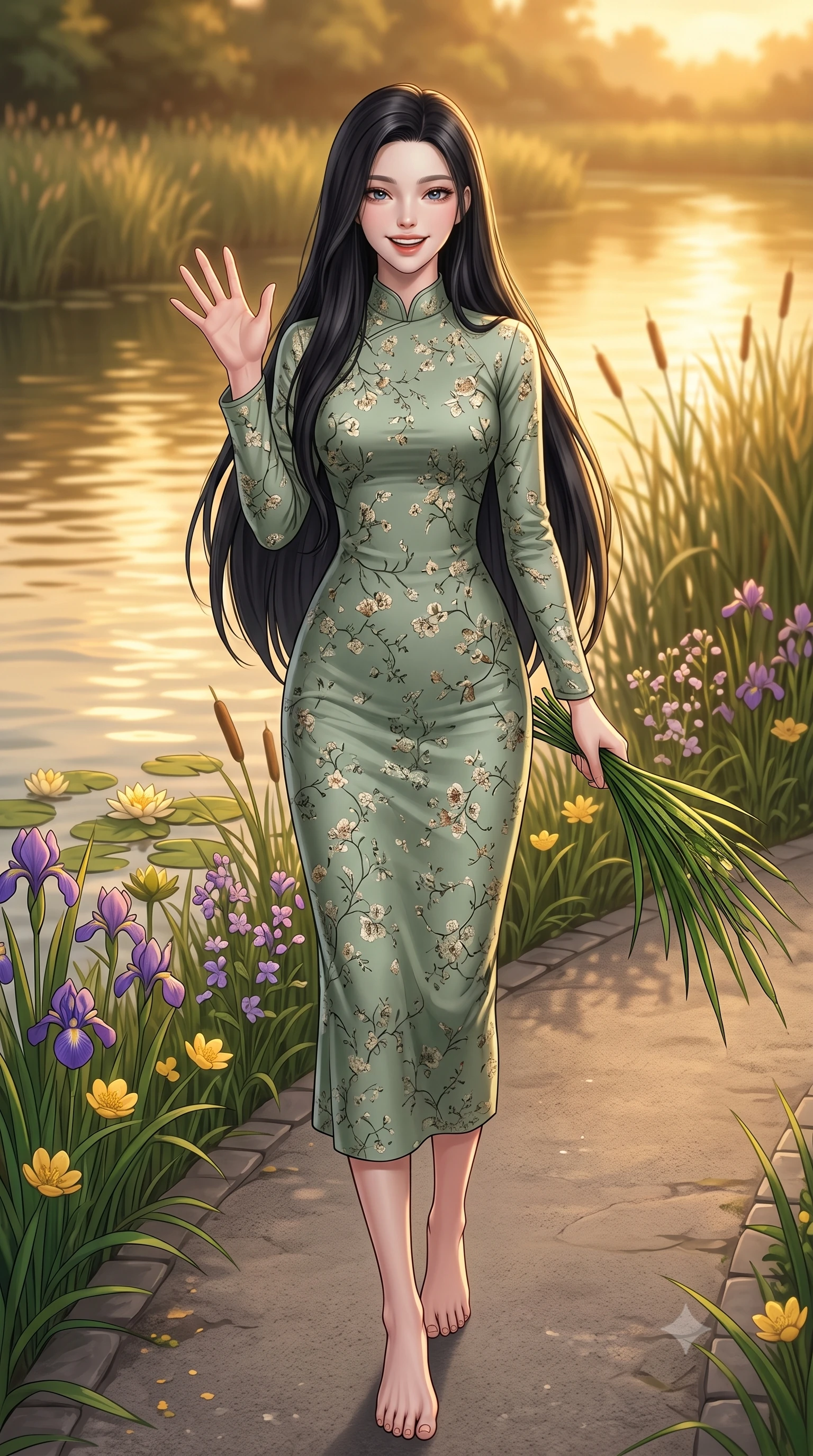 score_9, masterpiece, best quality, ultra-detailed, high-budget anime keyframe, editorial fashion photography, tasteful artistic composition, Korean woman. low angle full-body shot from head to toe showing her feet, filling the entire 9:16 vertical frame with her statuesque presence, stretching her vertical silhouette. stepping forward with a bright, cheerful smile, waving happily at the viewer set against a soft-focus background of along a winding river path lined with reeds and wild river flowers holding a bunch of fresh river reeds with a happy, cute expression. She has an absolutely perfect, statuesque 8.5-heads proportion, an exceptionally tall and slender model-like female figure with impossibly long slender legs and an ultra-slim waist. sharp v-shaped jawline, high-bridge nose, intricate jewel-like eyes with depth, thick eyelashes, glossy lips with a natural sheen. wearing slim-fit lovely floral print midi dress in sage green, featuring a high collar and long sleeves. warm golden hour sunset light reflecting off the calm river surface. highly saturated vibrant anime colors, detailed shading with soft gradients, rich glossy textures, high-contrast stereoscopic depth, volumetric dynamic lighting, master piece, 9:16 ratio