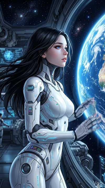 A breathtaking 8-second sci-fi video of a woman in a sleek, detailed white futuristic suit standing inside a spaceship observation deck. She gazes out of a massive panoramic window at a giant, glowing blue planet with swirling clouds. Soft blue ambie