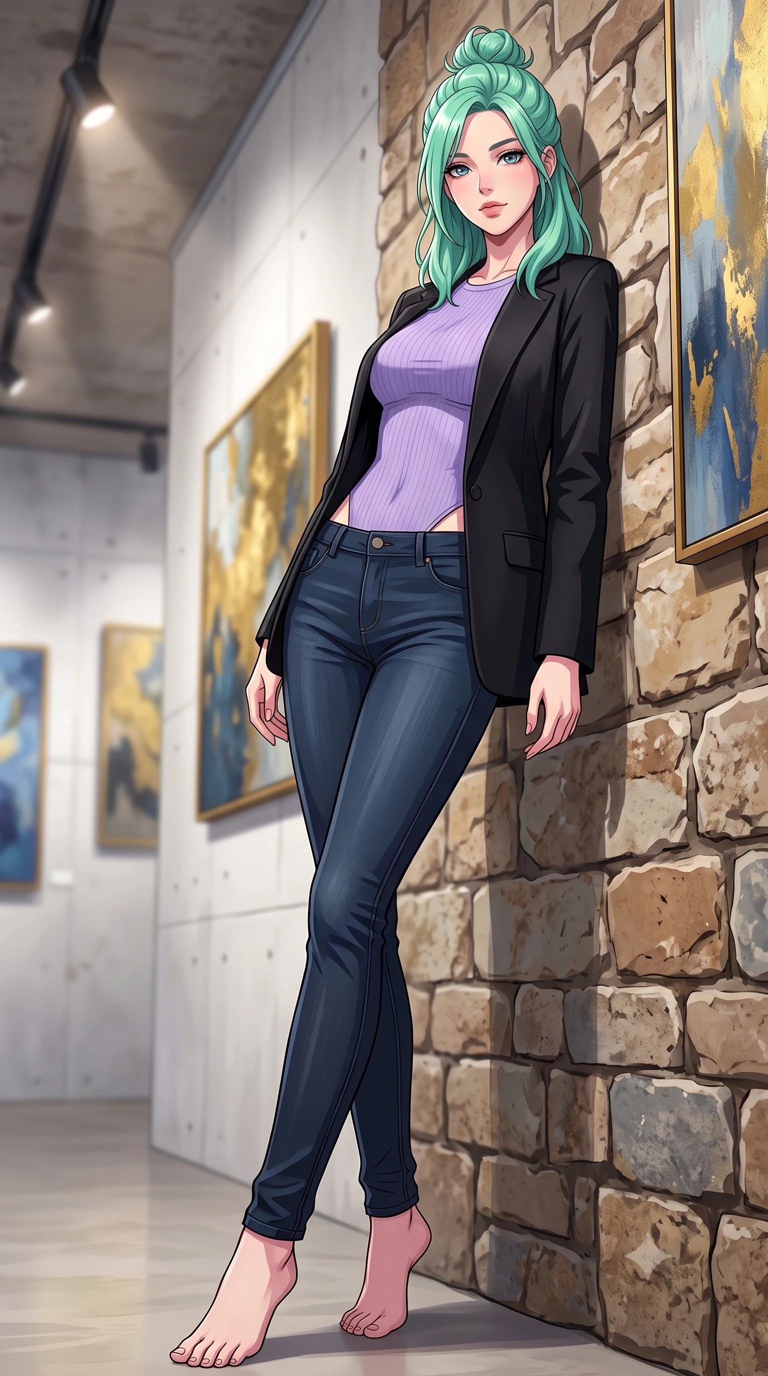 score_9, masterpiece, best quality, ultra-detailed, high-budget anime keyframe, tasteful artistic composition, Japanese woman. low angle full-body shot from head to toe showing her feet, filling the entire 9:16 vertical frame with her statuesque presence, stretching her vertical silhouette. leaning back against a rustic stone wall, casting a slow, alluring gaze at the camera the background shows a soft-focus a private art gallery corridor with white concrete walls and abstract oil paintings. She has an absolutely perfect, statuesque 8.5-heads proportion, an exceptionally tall and slender model-like female figure with impossibly long slender legs and an ultra-slim waist. sharp v-shaped jawline, high-bridge nose, intricate jewel-like eyes with depth, thick eyelashes, glossy lips with a natural sheen. wearing a tailored tight-fitting lavender knit bodysuit worn under a tailored open blazer and jeans. focused art spotlights casting clean, structured lighting over her figure. highly saturated vibrant anime colors, cel-shading, 2d style, master piece, 9:16 ratio