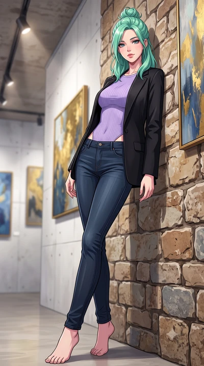 score_9, masterpiece, best quality, ultra-detailed, high-budget anime keyframe, tasteful artistic composition, Japanese woman. low angle full-body shot from head to toe showing her feet, filling the entire 9:16 vertical frame with her statuesque pres