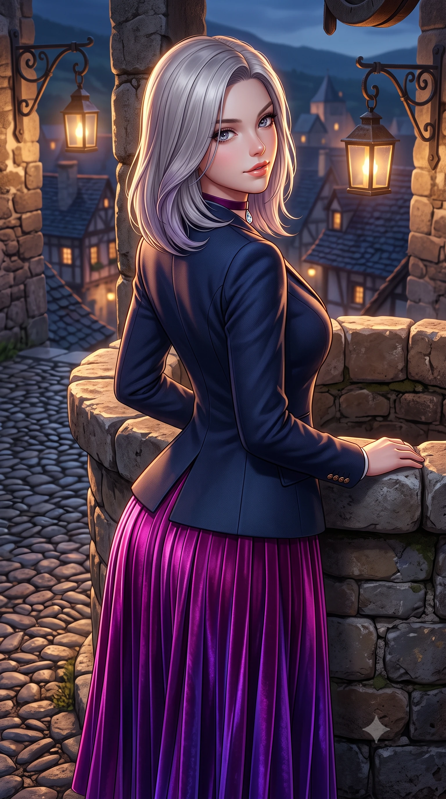 score_9, masterpiece, best quality, ultra-detailed, high-budget anime keyframe, semi-realistic 3D game render, editorial fashion photography, tasteful artistic composition, Caucasian woman. close-up cowboy shot from the waist and thighs up, the character dominates the composition, filling the frame with her large presence. posing in an alluring rear three-quarter angle, looking over a bare shoulder with parted glossy lips, her hips cocked back to highlight her slim hourglass curve while leaning against the rustic stone wellhead with hips cocked back, looking over illuminated medieval village rooftops with smoldering bedroom-eyes. The surrounding environment is rendered in vivid detail and crisp panoramic clarity: sharp hand-laid river pebble cobblestone mosaics, weathered limestone wall mortar, and hand-forged lantern brackets in deep focus. She has an exceptionally elegant, slender, and willowy female figure with an ultra-slim waist, flat toned midriff, narrow ribcage, and sculpted feminine hips creating an alluring, slim hourglass silhouette without bulk. sharp v-shaped jawline, high-bridge nose, intricate jewel-like sparkling eyes with depth, thick eyelashes, glossy parted lips with a natural peach sheen, bright cheerful beaming smile with an enchanting and coquettish sensual glint, exuding both youthful cute charm and seductive allure, flawlessly proportioned anatomical accuracy, strict slender model proportions, natural body alignment, perfectly sculpted long slender limbs, ultra-slim waistline, clean dynamic posture without body distortion. wearing a tailored navy wool equestrian riding blazer paired with a pleated midi skirt in Supertree bioluminescent magenta and electric violet, tailored from ultra-plush silk velvet with rich tactile depth and deep shadow gradients, finished with a thin velvet ribbon choker and a single teardrop diamond pendant, the bespoke structured tailoring following the natural line of her 8.5-heads silhouette with refined elegance. illuminated by stone ground reflection fill and sharp flame-gold rim lights defining her razor-sharp jawline, narrow waist, and curvy hips. highly saturated vibrant anime colors, detailed shading with soft gradients, rich glossy textures, high-contrast stereoscopic depth, volumetric dynamic lighting, master piece, 9:16 ratio