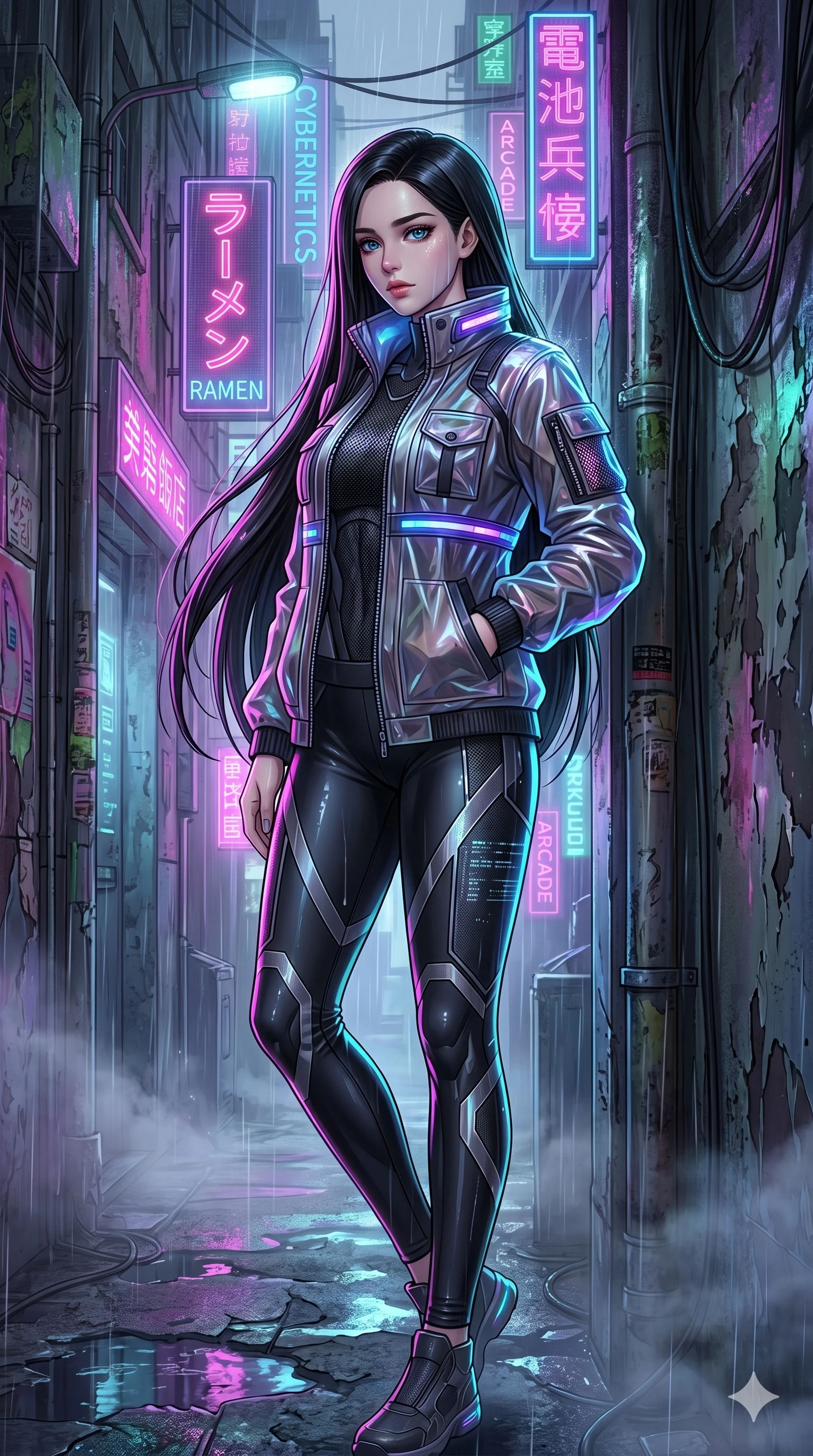 score_9, score_8_up, score_7_up, source_anime, masterpiece, best quality, ultra-detailed, same character with long black hair, wearing a cyberpunk translucent techwear jacket and tight pants, standing in a rainy alleyway with neon signs, volumetric fog, rim lighting, 2k, ultra detail, master piece, 9:16 ratio