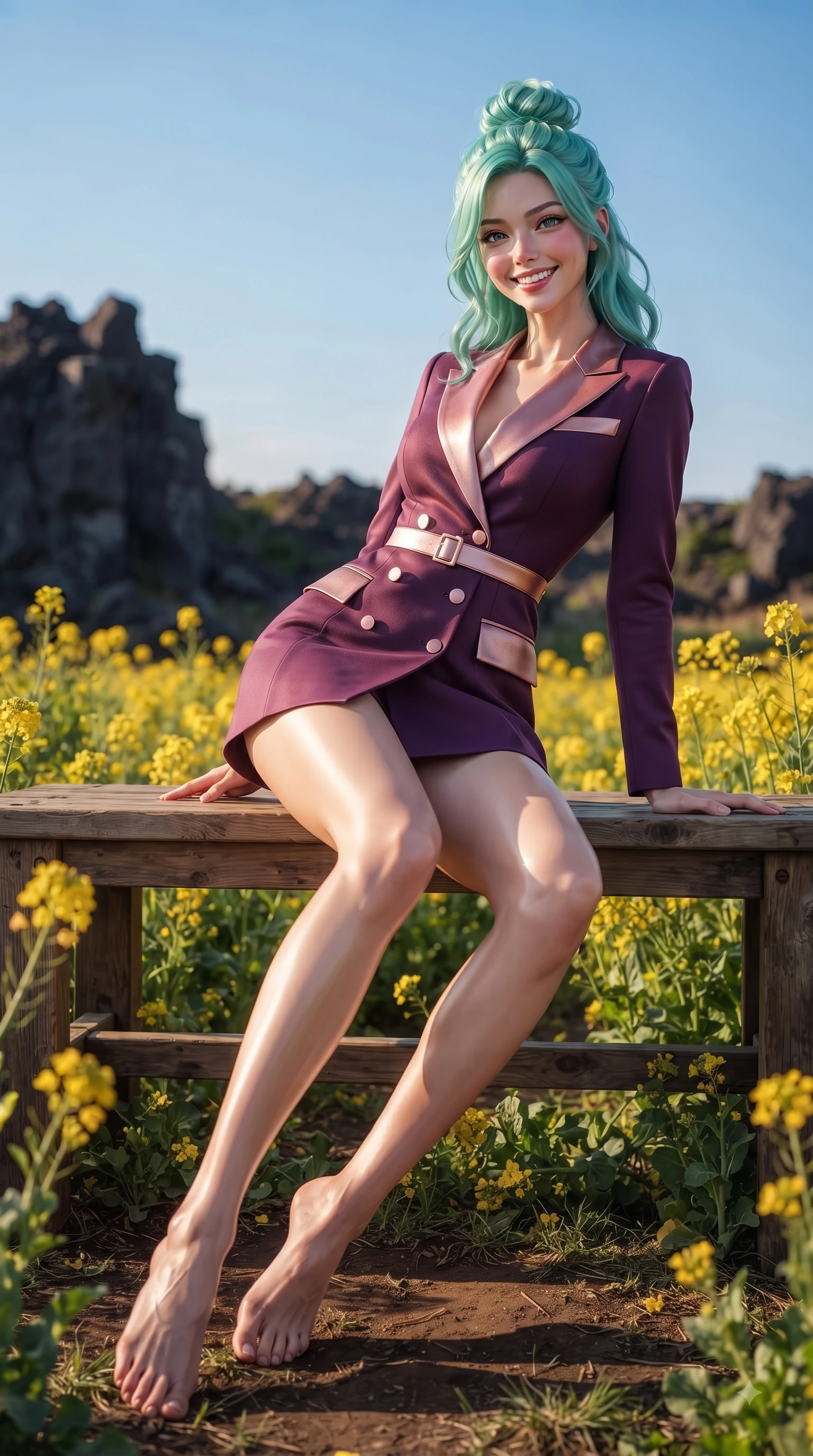 score_9, masterpiece, best quality, ultra-detailed, high-budget anime keyframe, editorial fashion photography, tasteful artistic composition, Japanese woman. low angle full-body shot from head to toe showing her feet, filling the entire 9:16 vertical frame with her statuesque presence, stretching her vertical silhouette. pivoting dynamically with a fresh infectious smile, her ultra-slim waist creating a sweeping fluid curve while sitting playfully on a wooden bench framed by yellow canola flowers with a radiant smile. The composition keeps background elements in soft focus with dreamy bokeh. dark basalt rocks and clear blue skies softened with a gentle background blur. She has an absolutely perfect, statuesque 8.5-heads proportion, an exceptionally tall and slender model-like female figure with impossibly long slender legs and an ultra-slim waist. sharp v-shaped jawline, high-bridge nose, intricate jewel-like eyes with depth, thick eyelashes, glossy lips with a natural sheen, flawlessly proportioned anatomical accuracy, natural body alignment, perfectly sculpted elegant limbs, clean dynamic posture without body distortion. wearing a tailored double-breasted blazer dress with a sleek waist belt and clean lines in rich plum purple and rose gold, made of premium stretch jersey that follows her curves like a glove, accented with a Tasteful chest slit framing her clavicle gracefully, the sleek second-skin texture accentuating her magnetic presence. illuminated by a glorious golden hour sunburst painting the sky in joyful amber and peach. ultra-reflective glossy finish, specular highlights, metallic sheen, high-contrast stereoscopic depth, volumetric dynamic lighting, 2k, ultra detail, master piece, 9:16 ratio