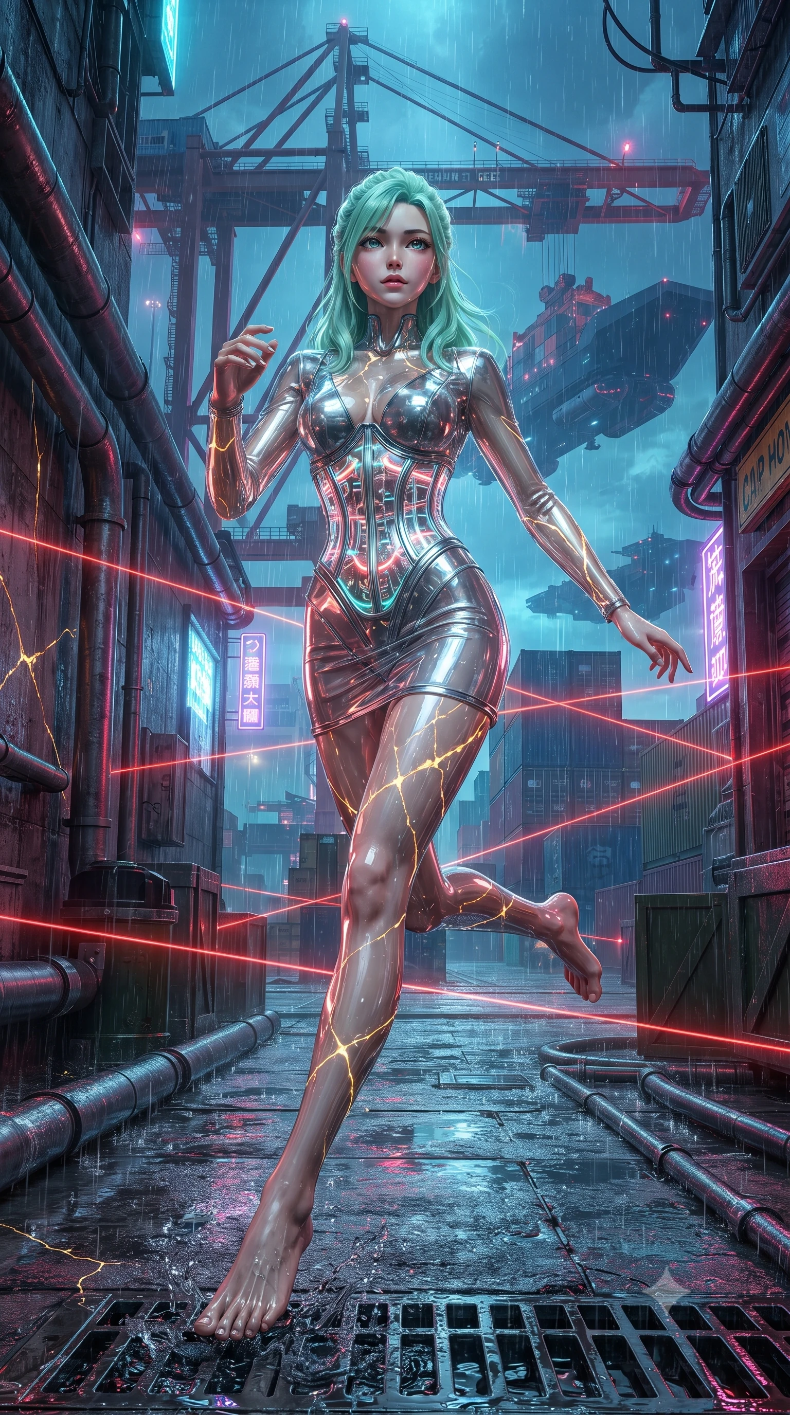 score_9, masterpiece, best quality, ultra-detailed, high-budget anime keyframe, editorial fashion photography, tasteful artistic composition, realistic cosplay photography, Japanese woman. low angle full-body shot from head to toe showing her feet, filling the entire 9:16 vertical frame with her statuesque presence, stretching her vertical silhouette. dashing through rain-slicked cyberpunk alleyways, dodging laser tripwires with fluid agility through a crane control deck overlooking a container port, massive hover-ships loading cargo in the background. She has a statuesque 8.5-heads proportion, an exceptionally tall, slender and willowy model-like build with impossibly long legs and a highly sculpted ultra-slim waist. sharp v-shaped jawline, high-bridge nose, intricate jewel-like eyes with depth, thick eyelashes, glossy lips with a natural sheen. wearing tailored for maximum mobility, sleek form-contouring panels that allow fluid movement, a body-hugging transparent liquid-mercury mini dress with a visible neon corset interior structure, showing her slender waist. glowing kintsugi gold light radiating from cracks in the environment creating a majestic inner glow. ultra-reflective glossy finish, specular highlights, metallic sheen, high-contrast stereoscopic depth, volumetric dynamic lighting, 2k, ultra detail, master piece, 9:16 ratio
