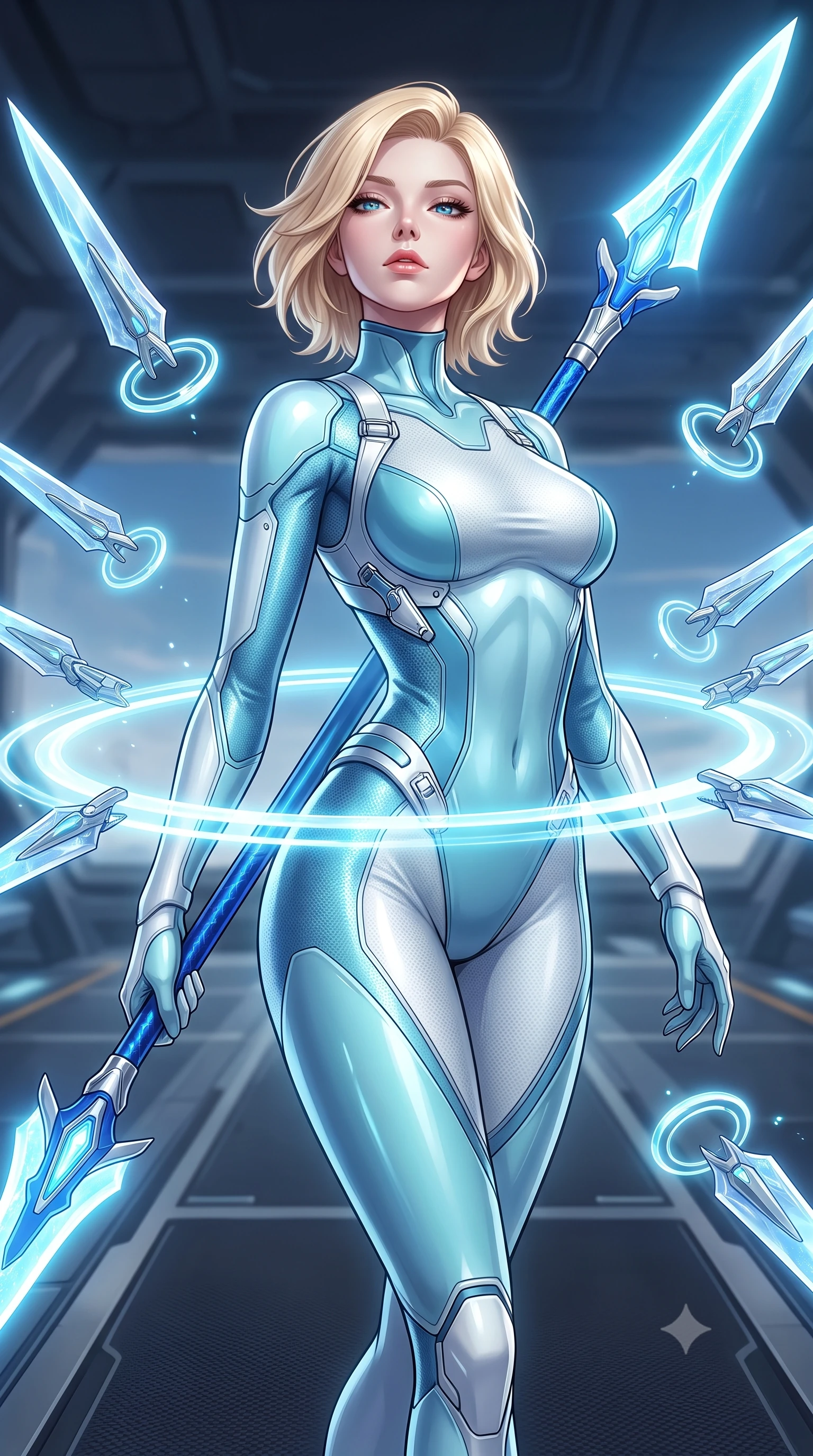 score_9, masterpiece, best quality, ultra-detailed, high-budget anime keyframe, semi-realistic 3D game render, editorial fashion photography, tasteful artistic composition, Caucasian woman. close-up cowboy shot from the waist and thighs up, the character dominates the composition, filling the frame with her large presence. tilting her head back with serene regal elegance, her sharp jawline and sculpted collarbones highlighted by glowing weapon energy reflections while pivoting dynamically as the orbiting funnel blades align into a radiant protective ring around her slender waist. The surrounding environment is rendered in vivid detail and crisp panoramic clarity. razor-sharp floating crystal blade edges, glowing levitation drive rings, and flight deck surface textures in deep focus. She has an exceptionally elegant, slender, and willowy female figure with an ultra-slim waist, a gracefully sculpted slender torso, toned flat midriff, and a refined slim silhouette. sharp v-shaped jawline, high-bridge nose, intricate jewel-like eyes with depth, thick eyelashes, glossy lips with a natural sheen, flawlessly proportioned anatomical accuracy, strict slender model proportions, natural body alignment, perfectly sculpted long slender limbs, ultra-slim waistline, clean dynamic posture without body distortion. wearing an ultra-sleek glacial-cyan and white carbon-mesh combat bodysuit with frost-resistant plating, holding a glowing high-frequency cryo-energy spear with commanding poise in electric cobalt blue carbon with polished platinum trim, made of liquid carbon-jersey fabric adhering flawlessly to her sculpted silhouette, detailed with magnetic weapon holsters and polished chrome connection clasps, the liquid-tight tailored fabric emphasizing every curve of her tall, slender model proportions and sculptured silhouette during dynamic movement. surrounded by an elevated, supreme, and radiantly commanding aerospace goddess aura. rich saturated anime colors with glowing neon highlights, detailed shading with soft gradients, rich glossy textures, high-contrast stereoscopic depth, volumetric dynamic lighting, master piece, 9:16 ratio