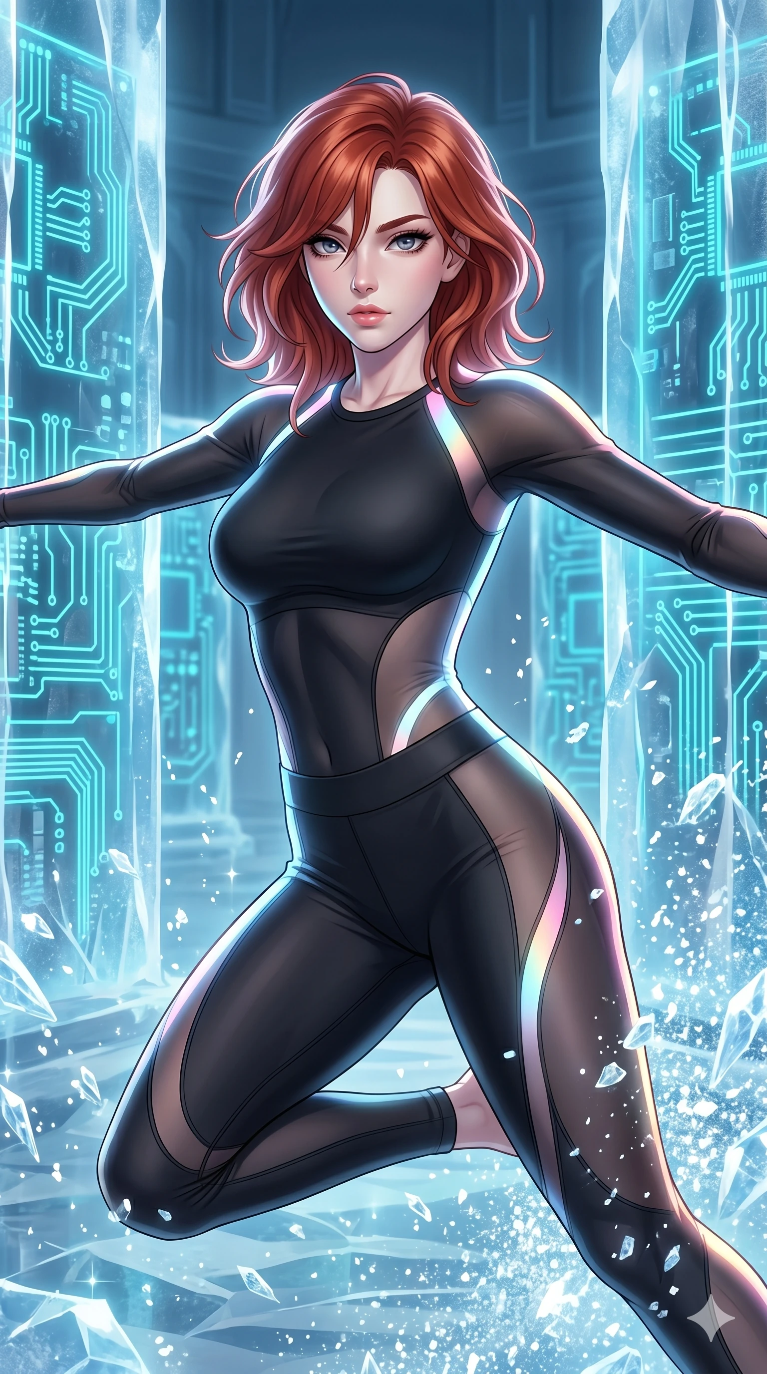 score_9, masterpiece, best quality, ultra-detailed, high-budget anime keyframe, Caucasian woman, strictly human ears. upper body close-up from the thighs up, character filling the screen for maximum presence. leaping inside a sub-zero cybernetic ice temple, where glowing neon cyan computer circuit boards are frozen within transparent ice pillars, fracturing ice crystals into sparkles around her. She has an absolutely perfect 8-heads proportion, an exceptionally tall and slender female figure with impossibly long slender legs and an ultra-slim waist. V-shaped jawline, high-bridge nose, intricate jewel-like eyes with depth, thick eyelashes, glossy lips with a natural sheen.. wearing a sheer mesh athleisure set, featuring a tight matte black top and leggings with semi-opaque mesh panels tracing the curves of her waist and thighs. enhanced by a luminous pastel spectrum glow, casting elegant rim lights on her shoulders and jawline. 2k, ultra detail, master piece, 9:16 ratio