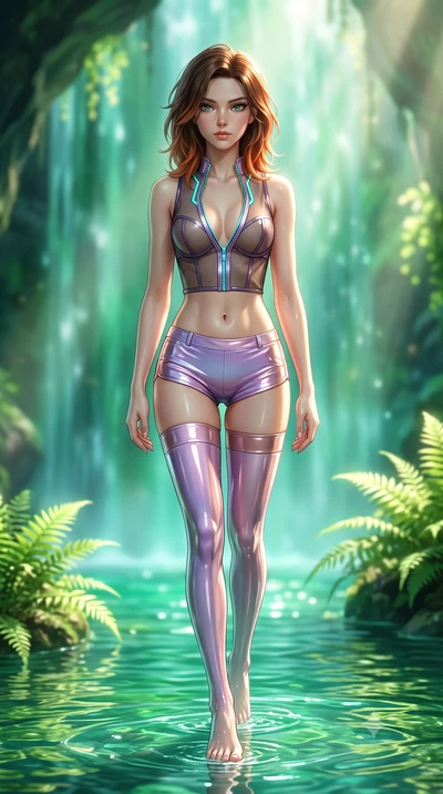 score_9, masterpiece, best quality, ultra-detailed, high-budget anime keyframe, semi-realistic 3D game render, editorial fashion photography, tasteful artistic composition, Korean woman. low angle full-body shot from head to toe showing her feet, fil