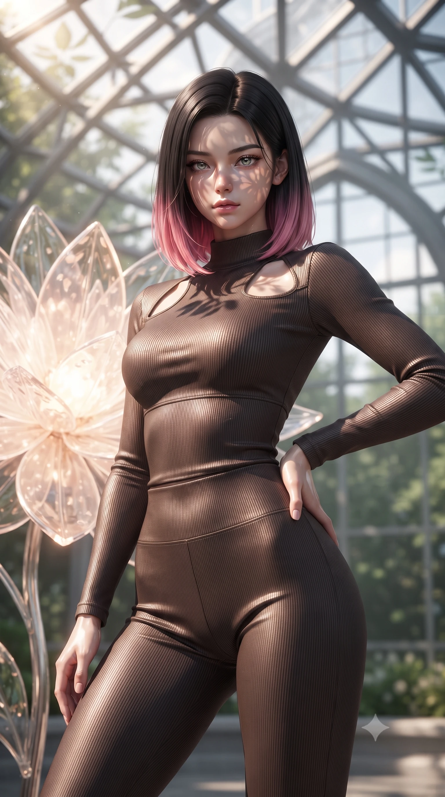 score_9, masterpiece, best quality, ultra-detailed, high-budget anime keyframe, editorial fashion photography, tasteful artistic composition, Korean woman. close-up cowboy shot from the waist and thighs up, the character dominates the composition, filling the frame with her large presence, background elements kept in soft focus. Holding a confident power pose with one hand on her hip, gazing directly into the camera with quiet intensity resting near a giant solar-powered crystal flower emitting soft warm light, intense volumetric sunbeams filtering through the glass ceiling. She has an exceptionally elegant, slender, and willowy female figure with an ultra-slim waist, a gracefully sculpted slender torso, and a refined silhouette. sharp v-shaped jawline, high-bridge nose, intricate jewel-like eyes with depth, thick eyelashes, glossy lips with a natural sheen. wearing a form-fitting ribbed activewear set in espresso brown with elegant collar cutouts, the form-contouring material highlighting her ultra-slim waist and long lines. illuminated by brilliant sunbeams casting organic leaf stencil shadows. ultra-reflective glossy finish, specular highlights, metallic sheen, high-contrast stereoscopic depth, volumetric dynamic lighting, 2k, ultra detail, master piece, 9:16 ratio
