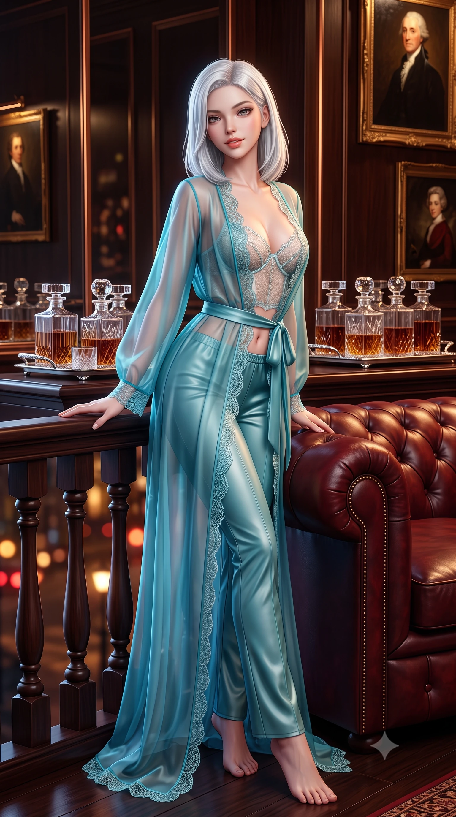 score_9, masterpiece, best quality, ultra-detailed, high-budget anime keyframe, semi-realistic 3D game render, editorial fashion photography, tasteful artistic composition, Korean woman. low angle full-body shot from head to toe showing her feet, filling the entire 9:16 vertical frame with her statuesque presence, stretching her vertical silhouette. leaning deep against the balcony balustrade with hips cocked back in an unapologetically alluring high-fashion stance, casting an intoxicating glance while leaning against the deep tufted oxblood leather chesterfield sofa with hips cocked back, casting an intoxicating smoldering bedroom-gaze. The background shows a soft-focus rows of crystal whiskey decanters on silver trays, historic oil portraits in gilded frames, and quiet midnight Pall Mall streetlights blurred into amber, mahogany, and ruby bokeh. She has an exceptionally tall and slender model-like 8.5-heads proportion, an ultra-slim waist, a flat toned midriff, narrow delicate ribcage, and beautifully sculpted feminine hips creating a graceful, slim hourglass silhouette without any bulky heaviness, with impossibly long slender legs. sharp v-shaped jawline, high-bridge nose, intricate jewel-like sparkling eyes with depth, thick eyelashes, glossy parted lips with a natural peach sheen, bright cheerful beaming smile with an enchanting and coquettish sensual glint, exuding both youthful cute charm and seductive allure, flawlessly proportioned anatomical accuracy, strict slender model proportions, natural body alignment, perfectly sculpted long slender limbs, ultra-slim waistline, clean dynamic posture without body distortion. wearing a delicate translucent silk organza wrap robe worn loose over a sheer lace demi-bustier and satin tap pants in Mediterranean bioluminescent teal and radiant pearl, woven from buttery-soft stretch lambskin leather adhering to her body like a second skin, finished with scalloped eyelash lace trim framing her sweetheart neckline with intimate elegance, the liquid-tight tailored fabric clinging flawlessly to her narrow waist and rounded feminine hips, emphasizing every millimeter of her sculpted slim hourglass curves without any bulky heaviness. illuminated by dark wood reflection bounce and sharp copper-gold rim lights defining her razor-sharp jawline, narrow waist, and curvy hips. highly saturated vibrant anime colors, detailed shading with soft gradients, rich glossy textures, high-contrast stereoscopic depth, volumetric dynamic lighting, master piece, 9:16 ratio