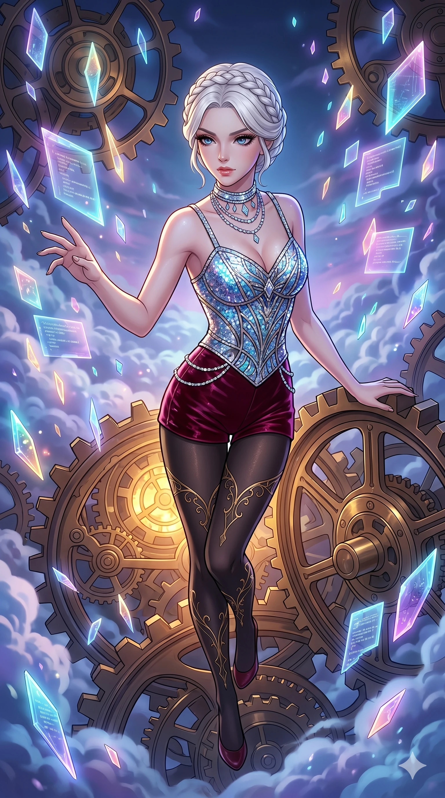 score_9, masterpiece, best quality, ultra-detailed, high-budget anime movie keyframe, cinematic anime lighting, intricate line art, Caucasian (strictly human ears) woman. Upper body filling screen focusing on her alluring features and slim-fit silhouette. navigating a sea of clouds in a clockwork heart of a city surrounded by floating data-shards. She has an absolutely perfect 8-heads proportion, an exceptionally tall and slender female figure with an ultra-slim waist and impossibly long slender legs. sharp v-shaped jawline, high-bridge nose, intricate jewel-like eyes, thick eyelashes, glossy lips. Wearing luxurious K-pop idol stage outfit featuring a sparkling sequined bodice, velvet shorts, and elegant tights, accessorized with crystal chokers. The scene is illuminated by dramatic atmospheric lighting and vibrant color palettes. , 2k, ultra detail, master piece, 9:16 ratio