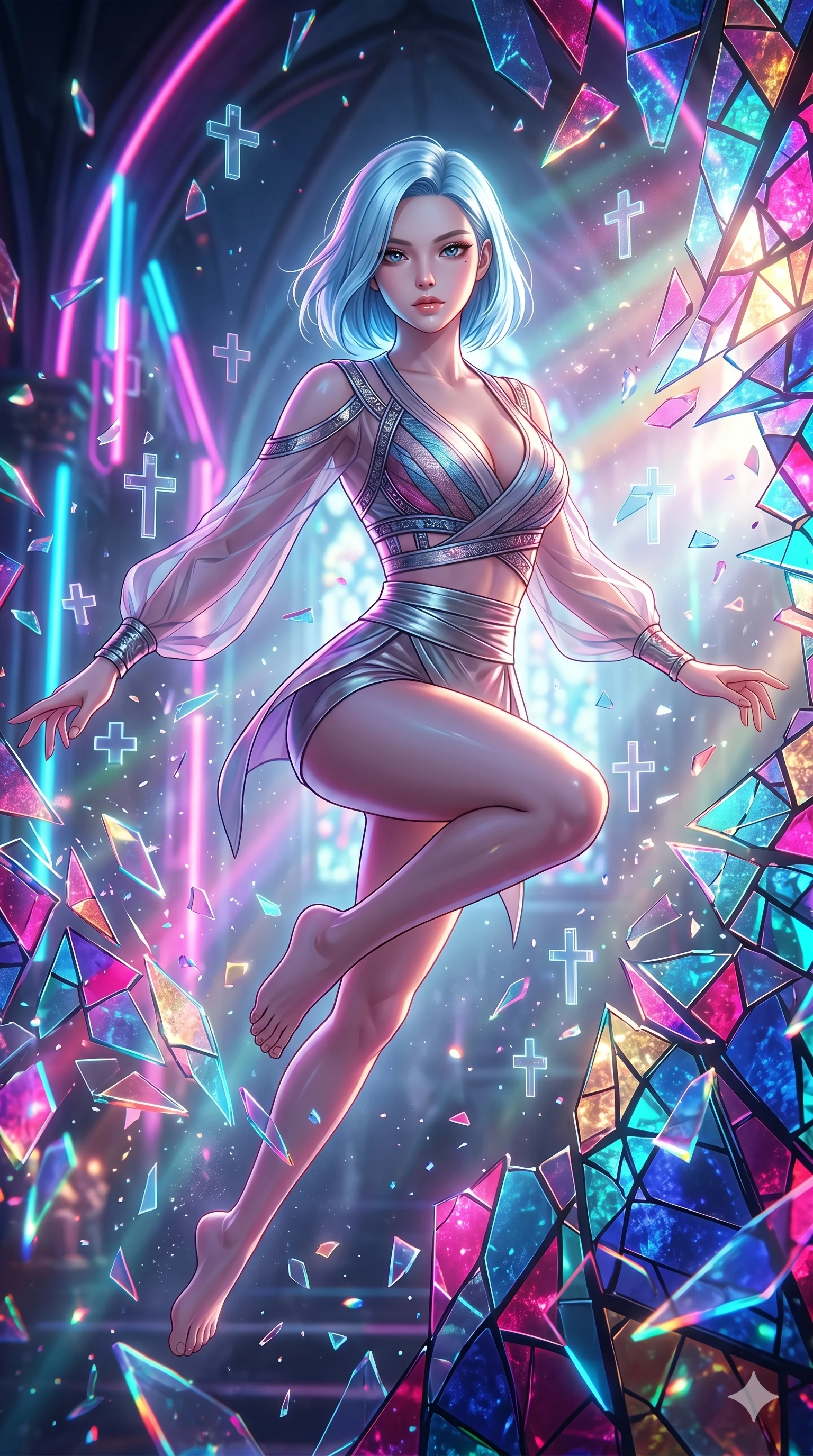 score_9, masterpiece, best quality, ultra-detailed, high-budget anime keyframe, editorial fashion photography, tasteful artistic composition, Korean woman. Upper body close-up from the thighs up, character filling the screen for maximum presence. She is leaping through shattered stained glass of a neon-lit futuristic cathedral. She maintains a serene yet captivating expression amidst a rain of glowing shards and floating digital cross symbols. She has an absolutely perfect 8-heads proportion, an exceptionally tall and slender female figure with impossibly long slender legs and an ultra-slim waist. V-shaped jawline, high-bridge nose, intricate jewel-like eyes with depth, thick eyelashes, glossy lips with a natural sheen. She is wearing a shortened cyber-fusion wrap top with transparent chiffon panels, a deep crossover neckline, and a high-waisted metallic sash that accentuates her ultra-slim waist. The scene is backlit by intense multi-colored neon light rays and volumetric dawn light filtering through fog. 2k, ultra detail, master piece, 9:16 ratio