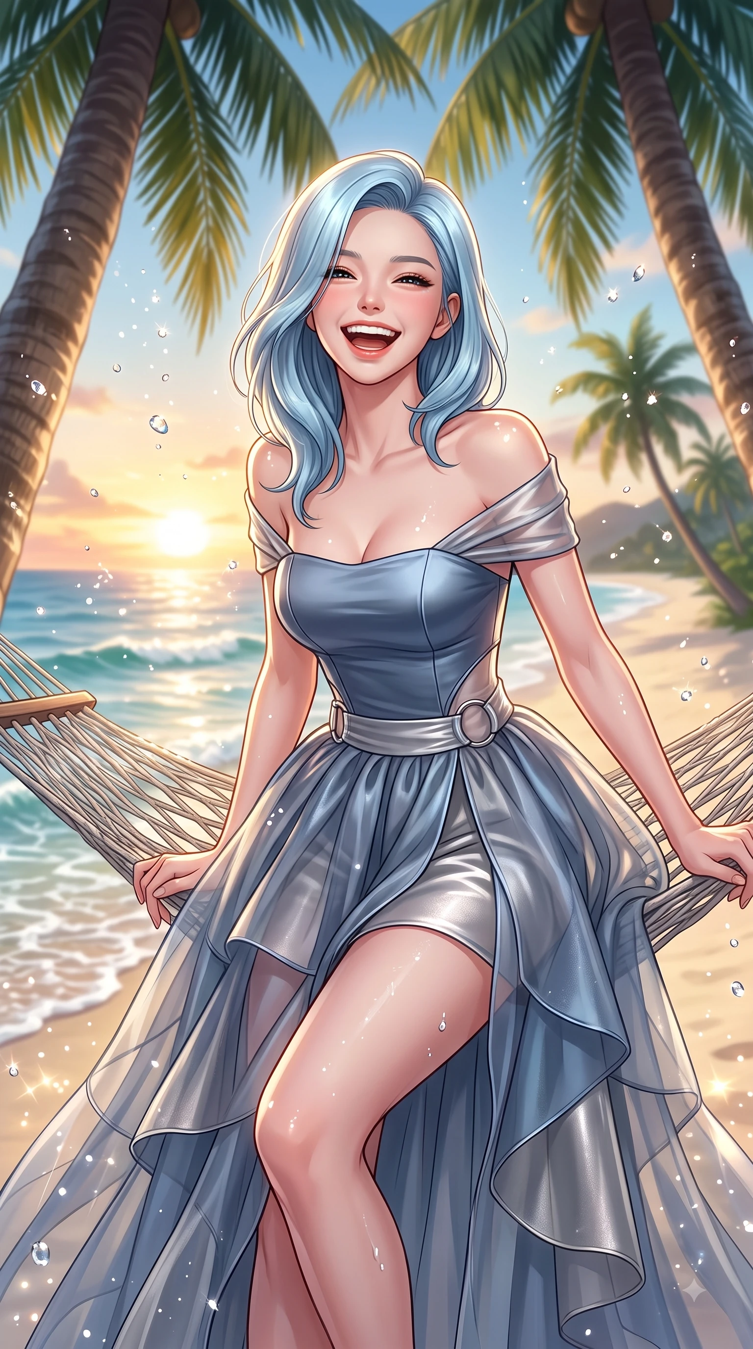 score_9, masterpiece, best quality, ultra-detailed, high-budget anime keyframe, editorial fashion photography, tasteful artistic composition, Korean woman. close-up cowboy shot from the waist and thighs up, the character dominates the composition, filling the frame with her large presence, background elements kept in soft focus. Joyful laughing expression filled with genuine happiness and warmth, leaning forward with cheerful energy while lounging joyfully on a sea-facing hammock suspended between coconut palms at golden hour, dazzling tropical sunlight scattering sparkling water droplets around her laughing silhouette. She has an exceptionally elegant, slender, and willowy female figure with an ultra-slim waist, a gracefully sculpted slender torso, and a refined silhouette. sharp v-shaped jawline, high-bridge nose, intricate jewel-like eyes with depth, thick eyelashes, glossy lips with a natural sheen, flawlessly proportioned anatomical accuracy, natural body alignment, perfectly sculpted elegant limbs, clean dynamic posture without body distortion. wearing a modern fusion silk hanbok dress with a structured bodice and flowing skirt in slate blue and metallic silver, woven from fine semi-opaque sheer organza, accented with delicate chrome ring hardware framing her waist, the elegant draped fit framing her graceful clavicle and slender torso. surrounded by a bright, pristine beach ambiance with cheerful specular highlights. highly saturated vibrant anime colors, detailed shading with soft gradients, rich glossy textures, high-contrast stereoscopic depth, volumetric dynamic lighting, master piece, 9:16 ratio
