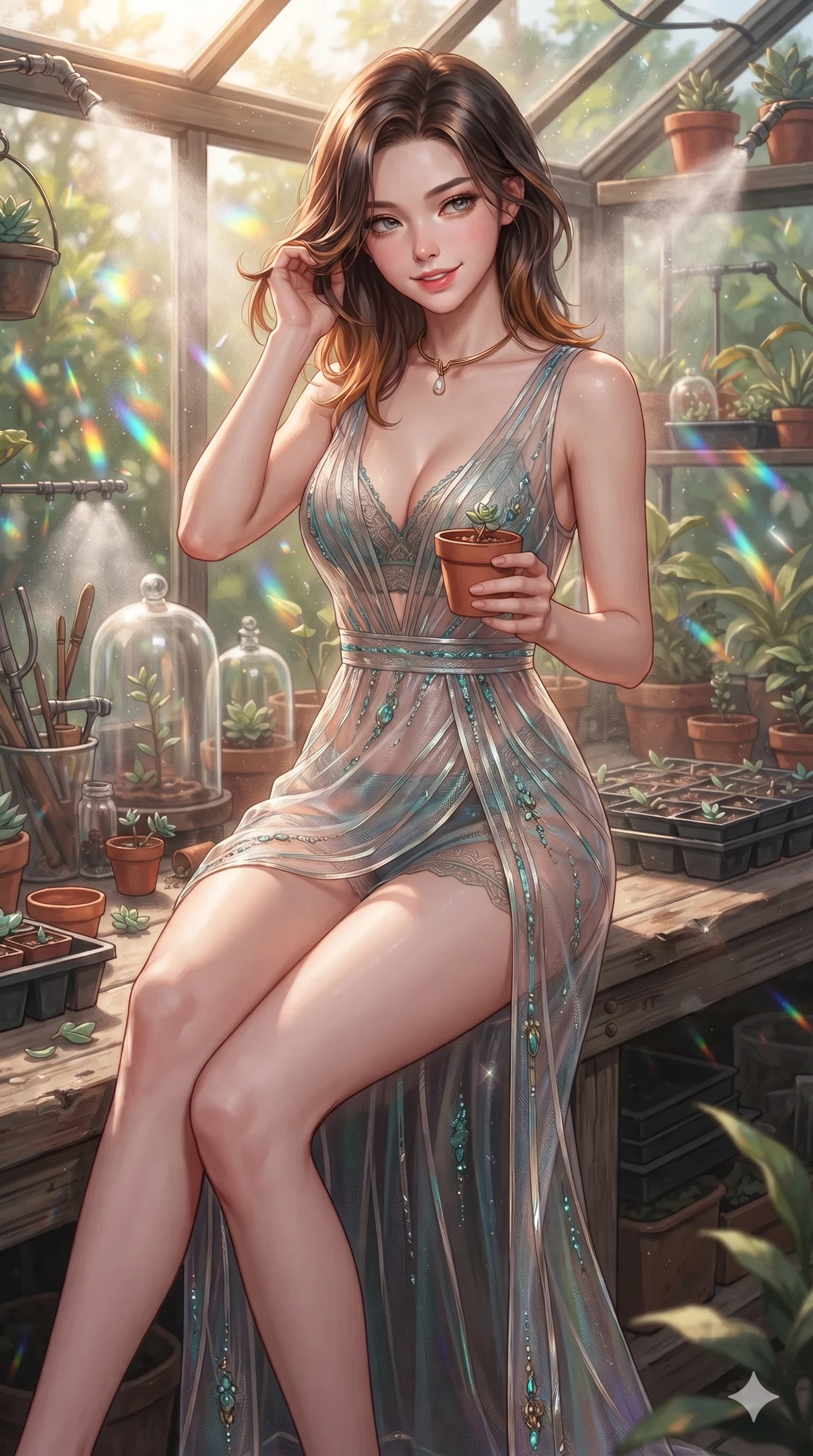 score_9, masterpiece, best quality, ultra-detailed, high-budget anime keyframe, editorial fashion photography, tasteful artistic composition, Korean woman. close-up cowboy shot from the waist and thighs up, the character dominates the composition, filling the frame with her large presence. gently brushing a lock of glossy hair behind her ear while casting a playful, flirtatious side-gaze with long eyelashes while sitting perched on the rustic timber bench with legs extended, holding a miniature terracotta pot with playful, seductive charm. The surrounding environment is rendered in vivid detail and crisp panoramic clarity: detailed deep V-neck crop top weave, wrap shorts, and authentic greenhouse propagation tools in razor-sharp clarity. She has an exceptionally elegant, slender, and willowy female figure with an ultra-slim waist, flat toned midriff, narrow ribcage, and sculpted feminine hips creating an alluring, slim hourglass silhouette without bulk. sharp v-shaped jawline, high-bridge nose, sparkling eyes with hypnotic seductive depth, thick curled eyelashes, glossy parted lips with a natural dewy peach sheen, alluring bedroom-eyes with an enchanting coquettish smile, exuding magnetic siren charisma and sophisticated glamour, flawlessly proportioned anatomical accuracy, strict slender model proportions, natural body alignment, perfectly sculpted long slender limbs, ultra-slim waistline, clean dynamic posture without body distortion. wearing a plunge-front sheer illusion tulle slip dress with liquid platinum ribbon stripes hugging her curves in turquoise patina and burnished vintage brass, crafted from translucent iridescent mesh with a wet-look second-skin cling, finished with a minimalist gold choker and a single teardrop pearl pendant, the bespoke structured tailoring following the natural line of her 8.5-heads silhouette with refined elegance. bathed in warm 3000K afternoon sunlight illuminating swirling fine mist plumes creating dazzling rainbow refractors. ultra-reflective glossy finish, specular highlights, rich textural contrasts, high-contrast stereoscopic depth, volumetric dynamic lighting, 2k, ultra detail, master piece, 9:16 ratio