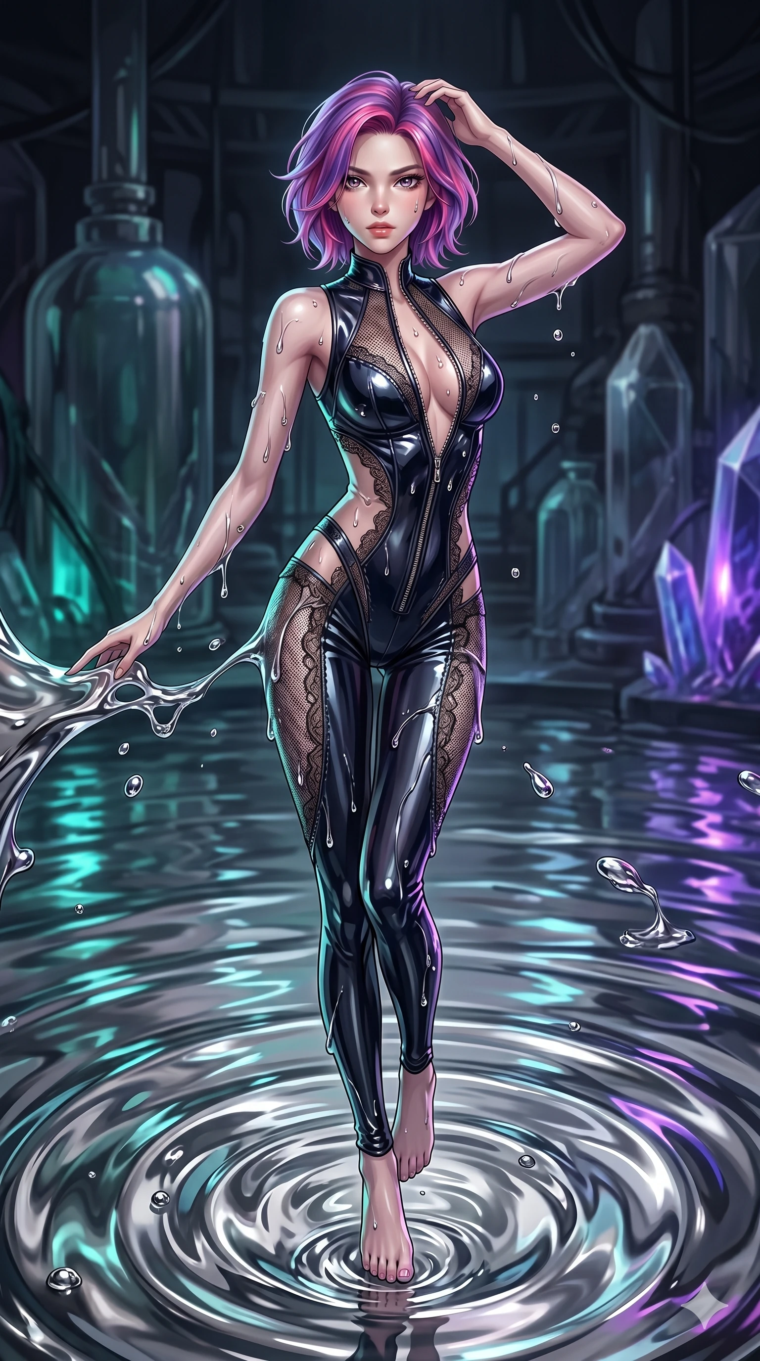 score_9, masterpiece, best quality, ultra-detailed, High-budget Anime Keyframe, East Asian woman. Dynamic full-body shot stretching the vertical silhouette to the limit. Scenario 294: Rising from a pool of mercury-like liquid, droplets rolling off her skin. Her presence is magnetic and overpowering in this high-budget anime scene. Outfit 294: A patent leather micro-mesh with a unzipped detail and delicate lace embroidery. The clothing is designed to emphasize her exceptionally tall and slender 8-heads proportion. 8-heads proportion, towering silhouette, ultra-slim waist. sharp v-shaped jawline, intricate jewel-like eyes with depth, thick eyelashes, glossy lips. 2k, ultra detail, master piece, 9:16 ratio