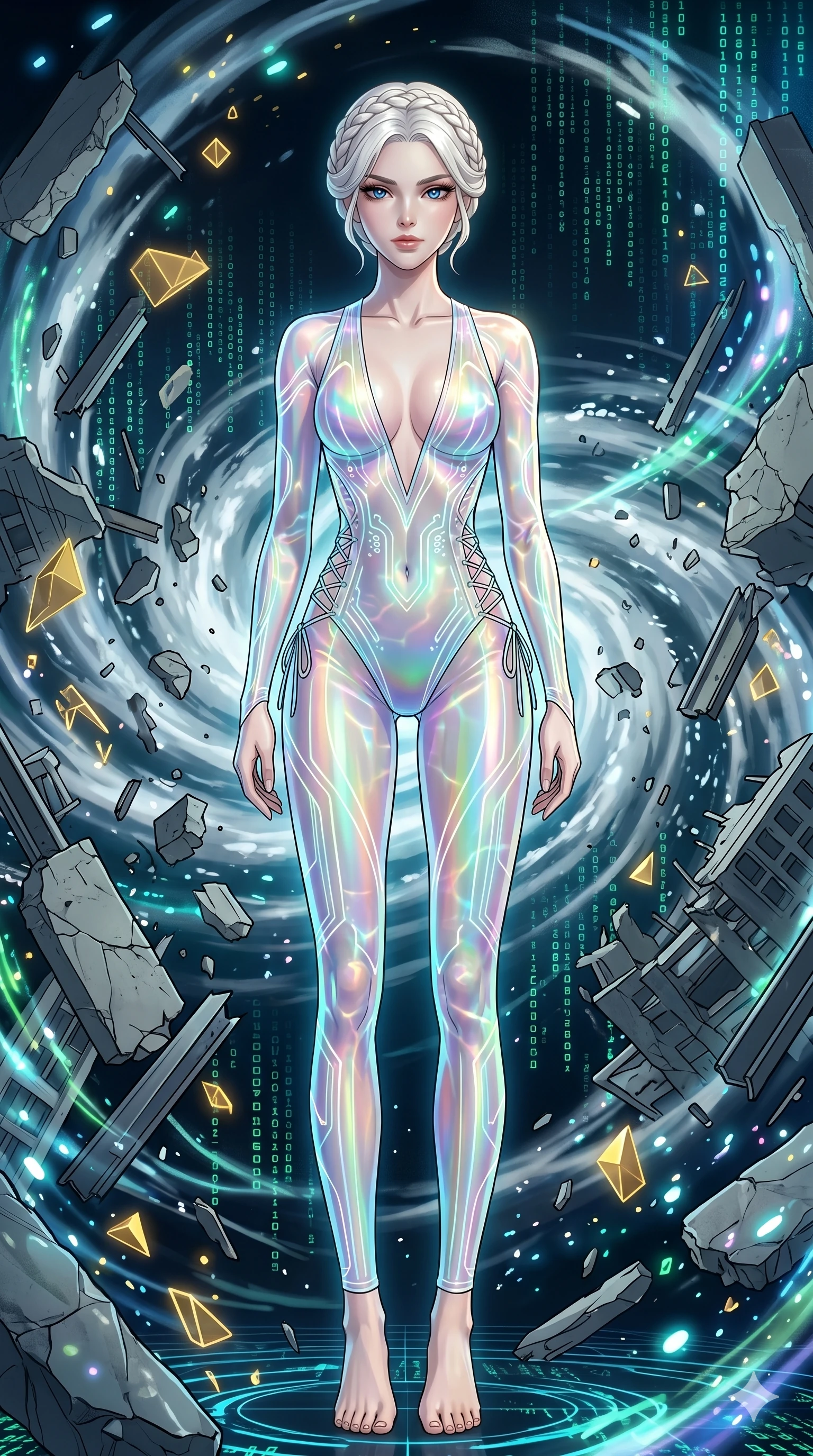 score_9, masterpiece, best quality, ultra-detailed, High-budget Anime Keyframe, vibrant colors, fluid line-art, expressive lighting, cinematic composition, Ufotable-style visual effects, top-tier animation quality, Japanese woman with delicate and elegant anime-inspired features. Wide-angle low shot emphasizing her impossibly long slender legs and commanding stature. Standing in the eye of a terrifying hurricane with absolute calm, the debris of a destroyed city circling her in a violent vortex. She has an absolutely perfect 8-heads proportion, an exceptionally tall and slender female figure with impossibly long slender legs and an ultra-slim waist, her statuesque height and towering silhouette dominating the vertical 9:16 frame. Her face is a masterpiece featuring a sharp v-shaped jawline, high-bridge nose, intricate jewel-like eyes with depth, thick eyelashes, and glossy lips with a natural sheen. She is wearing a Iridescent sheer catsuit with glowing lines that pulse in sync with her heartbeat crafted from Holographic chiffon that changes color with every movement, creating a rainbow effect, featuring a deep plunging neckline and delicate lace-up side details. The scene is set in an abstract digital void with floating golden geometric shapes and rivers of flowing code, illuminated by underwater caustic lighting with ripples of light dancing across her body. 2k, ultra detail, master piece, 9:16 ratio