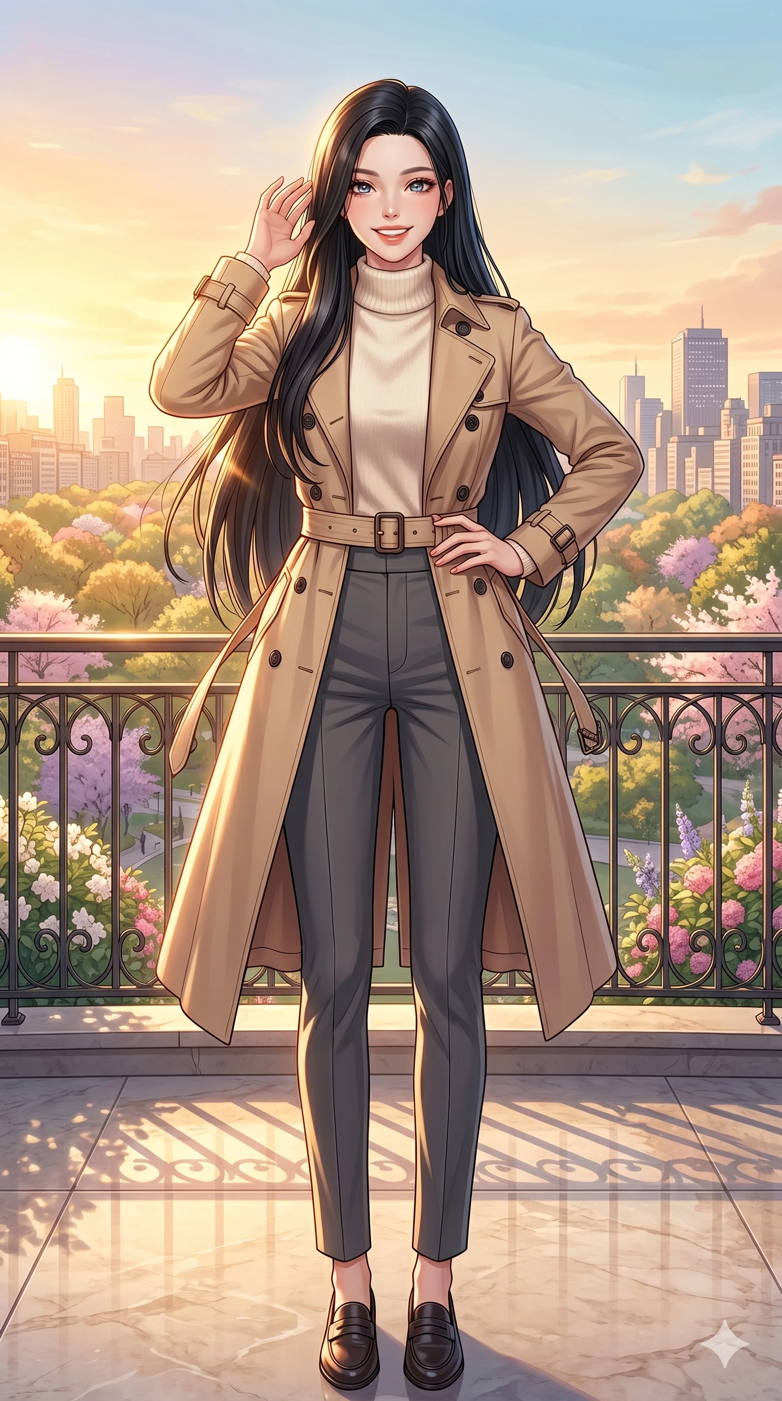 score_9, masterpiece, best quality, ultra-detailed, high-budget anime keyframe, vibrant anime aesthetic, Korean woman. low angle full-body shot from head to toe showing her feet, filling the entire 9:16 vertical frame with her statuesque presence, stretching her vertical silhouette. She is standing in a cheerful pose, smiling brightly at the camera with sparkling eyes inside a sun-drenched penthouse terrace overlooking a blooming city park at sunrise (Code-P20-001). She has an absolutely perfect 8-heads proportion, an exceptionally tall and slender female figure with impossibly long slender legs and an ultra-slim waist. V-shaped jawline, high-bridge nose, intricate jewel-like eyes with depth, thick eyelashes, glossy lips with a natural sheen. wearing a classic trench coat over a high-neck cashmere sweater and tailored trousers. She is bathed in brilliant, warm morning sunbeams creating sharp highlights on her form. 2k, ultra detail, master piece, 9:16 ratio