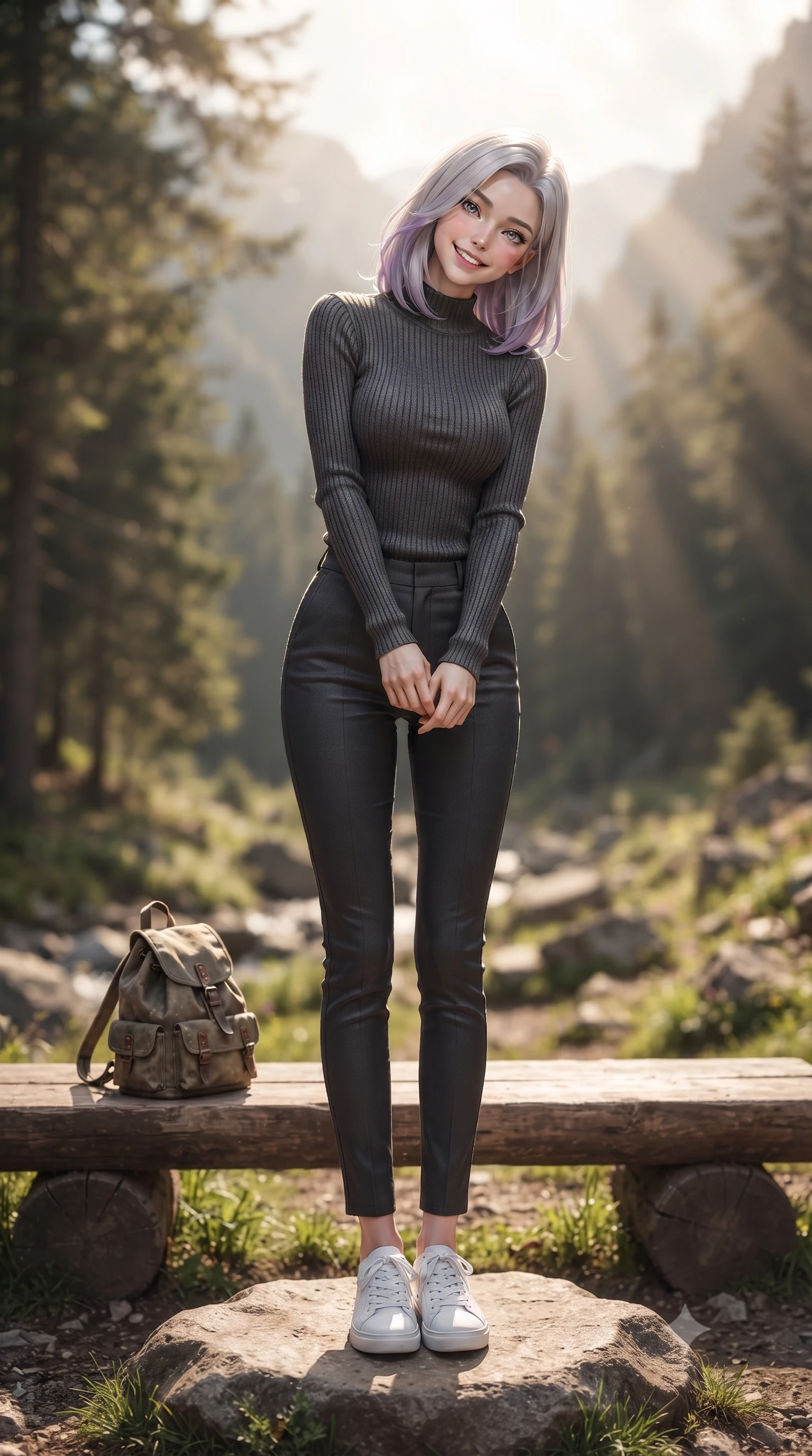 score_9, masterpiece, best quality, ultra-detailed, high-budget anime keyframe, editorial fashion photography, tasteful artistic composition, Caucasian woman. low angle full-body shot from head to toe showing her feet, filling the entire 9:16 vertical frame with her statuesque presence, stretching her vertical silhouette. standing with a cute, bright pose, tilting her head with a beaming smile set against a soft-focus background of at a rest area along a scenic valley hiking trail with wooden benches sitting on a clean rock with a small canvas backpack nearby. She has an absolutely perfect, statuesque 8.5-heads proportion, an exceptionally tall and slender model-like female figure with impossibly long slender legs and an ultra-slim waist. sharp v-shaped jawline, high-bridge nose, intricate jewel-like eyes with depth, thick eyelashes, glossy lips with a natural sheen. wearing body-hugging body-hugging ribbed knit sweater in charcoal, paired with slim-fit trousers. cool forest shadows contrasting with warm shafts of sunbeams. ultra-reflective glossy finish, specular highlights, metallic sheen, high-contrast stereoscopic depth, volumetric dynamic lighting, 2k, ultra detail, master piece, 9:16 ratio