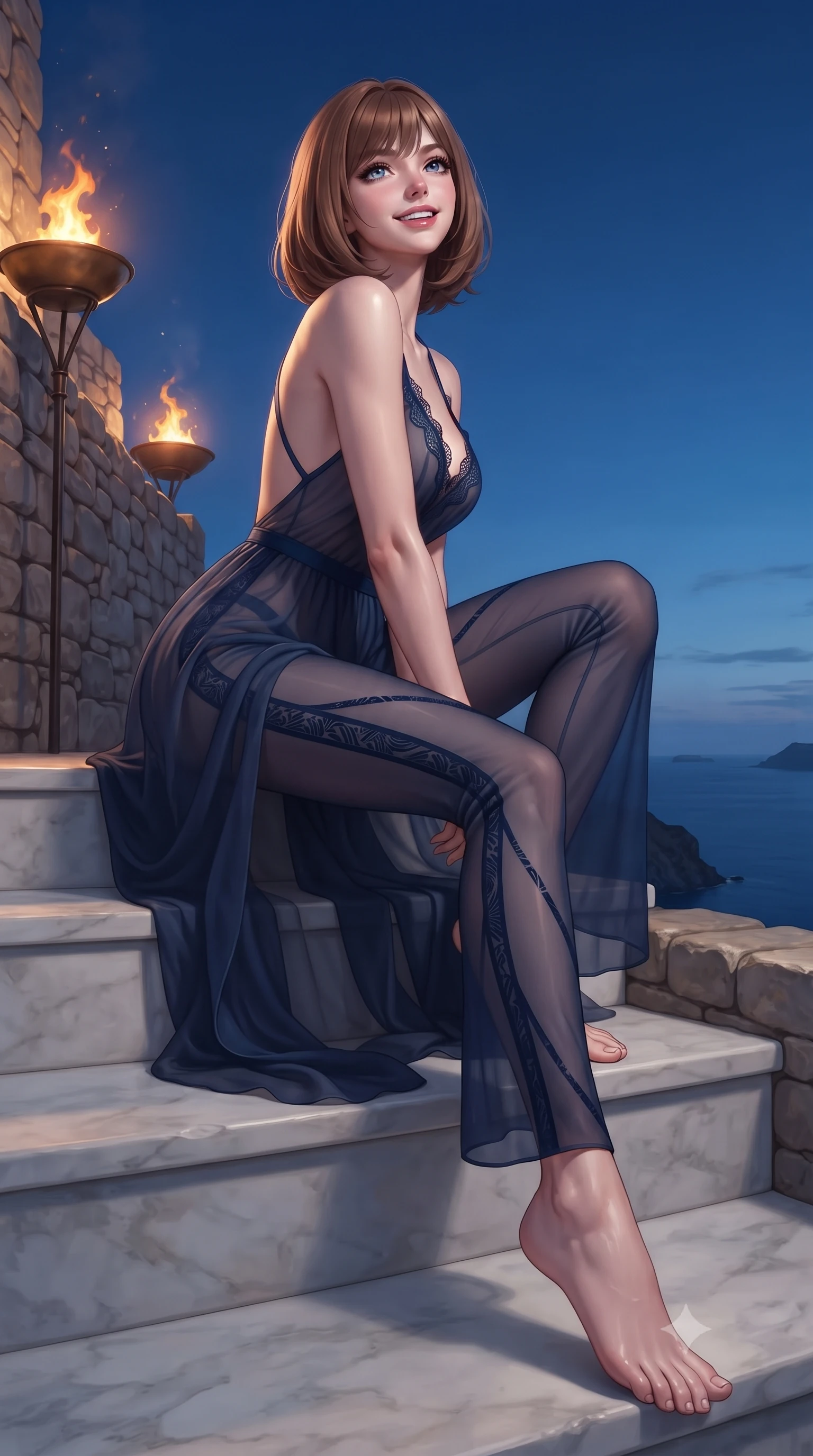 score_9, masterpiece, best quality, ultra-detailed, high-budget anime keyframe, editorial fashion photography, tasteful artistic composition, Caucasian woman. low angle full-body shot from head to toe showing her feet, filling the entire 9:16 vertical frame with her statuesque presence, stretching her vertical silhouette. sitting poised on the stone steps with one knee bent, arching her spine with supermodel elegance as she glances upward through thick eyelashes while walking slowly along the cliff edge with tall poised strides, evening sea breezes molding her sheer dress to her hourglass curves. The surrounding environment is rendered in vivid detail and crisp panoramic clarity: sharp honed Thassos white marble tiles, burning torch brass bowls, and textured stone wall joints in deep focus. She has an exceptionally tall and slender model-like 8.5-heads proportion, an ultra-slim waist, a flat toned midriff, narrow delicate ribcage, and beautifully sculpted feminine hips creating a graceful, slim hourglass silhouette without any bulky heaviness, with impossibly long slender legs. sharp v-shaped jawline, high-bridge nose, intricate jewel-like sparkling eyes with depth, thick eyelashes, glossy parted lips with a natural peach sheen, bright cheerful beaming smile with an enchanting and coquettish sensual glint, exuding both youthful cute charm and seductive allure, flawlessly proportioned anatomical accuracy, strict slender model proportions, natural body alignment, perfectly sculpted long slender limbs, ultra-slim waistline, clean dynamic posture without body distortion. wearing a backless sheer illusion mesh jumpsuit with strategic geometric flocking tracing her long slender leg lines in moonlit Grand Canal sapphire navy and liquid platinum, made of sheer gossamer chiffon that drapes softly against skin with airy translucence, finished with scalloped eyelash lace trim framing her sweetheart neckline with intimate elegance, the precision-cut side openings and low-back scoop framing her graceful spine and the sensual sweep of her slim, toned hips. bathed in the dramatic warm 2000K flame glow of dancing oil torches contrasted with deep-blue Aegean sky fill. ultra-reflective glossy finish, specular highlights, rich textural contrasts, high-contrast stereoscopic depth, volumetric dynamic lighting, 2k, ultra detail, master piece, 9:16 ratio