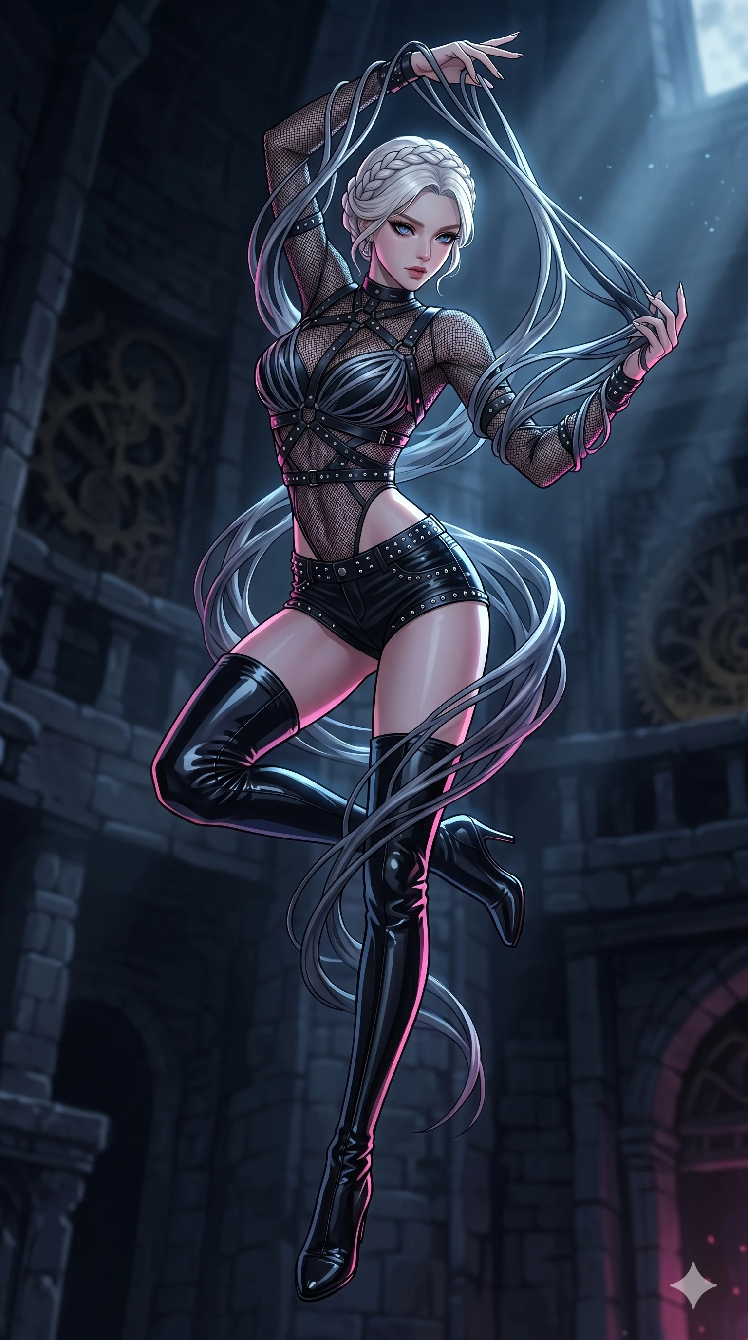 score_9, masterpiece, best quality, ultra-detailed, high-budget anime movie keyframe, cinematic anime lighting, intricate line art, Korean woman. Mid-air action shot capturing a graceful twist and vertical silhouette. weaving armor out of moonlight and shadows in a dark tower. She has an absolutely perfect 8-heads proportion, an exceptionally tall and slender female figure with an ultra-slim waist and impossibly long slender legs. strictly human anatomy, two legs only, no extra limbs, clearly defined legs and arms, perfect anatomy, perfect hands and fingers. sharp v-shaped jawline, high-bridge nose, intricate jewel-like eyes, thick eyelashes, glossy lips. Wearing K-Idol Stage: Leather harness over mesh, high-cut bodysuit, studded micro-shorts, and thigh-high patent boots. The scene is illuminated by dramatic atmospheric lighting and vibrant color palettes. , 2k, ultra detail, master piece, 9:16 ratio
