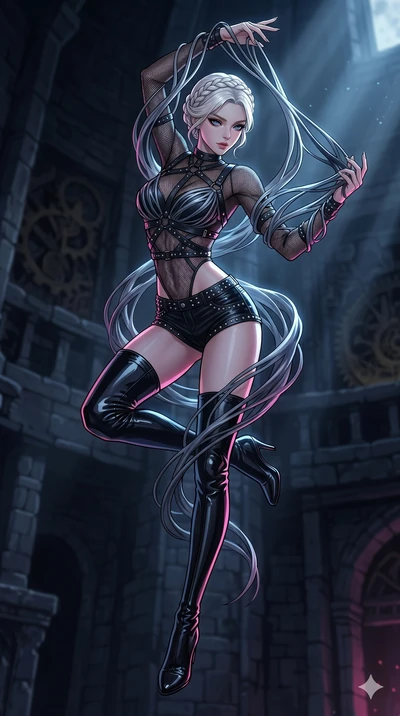 score_9, masterpiece, best quality, ultra-detailed, high-budget anime movie keyframe, cinematic anime lighting, intricate line art, Korean woman. Mid-air action shot capturing a graceful twist and vertical silhouette. weaving armor out of moonlight a