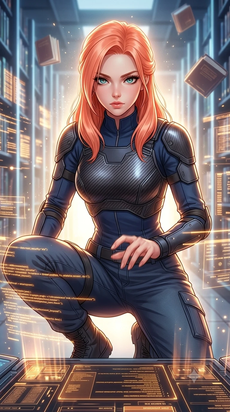 score_9, masterpiece, best quality, ultra-detailed, high-budget anime keyframe, editorial fashion photography, tasteful artistic composition, Japanese woman. close-up cowboy shot from the waist and thighs up, the character dominates the composition, filling the frame with her large presence, background elements kept in soft focus. Hacking a security terminal in a low crouch, fingers moving in a blur as amber code screens surround her. set against a soft-focus background of a futuristic archives hall with rows of glowing vertical data columns and floating digital books. She has an exceptionally elegant and slender, willowy female figure with an ultra-slim waist, a gracefully sculpted slender torso, and a refined slim physique. sharp v-shaped jawline, high-bridge nose, intricate jewel-like eyes with depth, thick eyelashes, glossy lips with a natural sheen. wearing catching and diffusing the glowing particles, shimmering softly in response to the surrounding light, a body-hugging tactical officer jacket with carbon-fiber chest plating and shoulder guards, layered over a navy blue mock-neck top and tailored cargo pants. highly saturated vibrant anime colors, intense vivid color palette, soft 3D volumetric shading, volumetric dynamic lighting, dramatic backlight creating a radiant halo effect around her entire silhouette. 2k, ultra detail, master piece, 9:16 ratio
