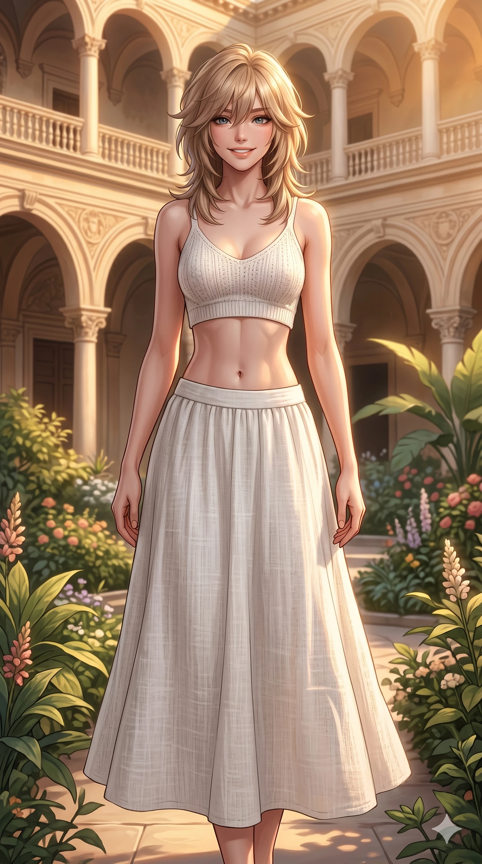 score_9, masterpiece, best quality, ultra-detailed, high-budget anime keyframe, editorial fashion photography, tasteful artistic composition, Japanese woman. cowboy shot from the thighs up, character and outfit filling the frame for maximum editorial presence. smiling warmly with a serene and joyful gaze, her head tilted slightly standing in a botanical garden courtyard of a classic renaissance palace. She has an absolutely perfect 8-heads proportion, an exceptionally tall and slender female figure with impossibly long slender legs and an ultra-slim waist. V-shaped jawline, high-bridge nose, intricate jewel-like eyes with depth, thick eyelashes, glossy lips with a natural sheen. wearing a white knit crop top showing her elegantly sculpted midriff, and a linen skirt. bathed in warm golden hour light pouring over the palace garden, creating a soft glowing atmosphere. 2k, ultra detail, master piece, 9:16 ratio