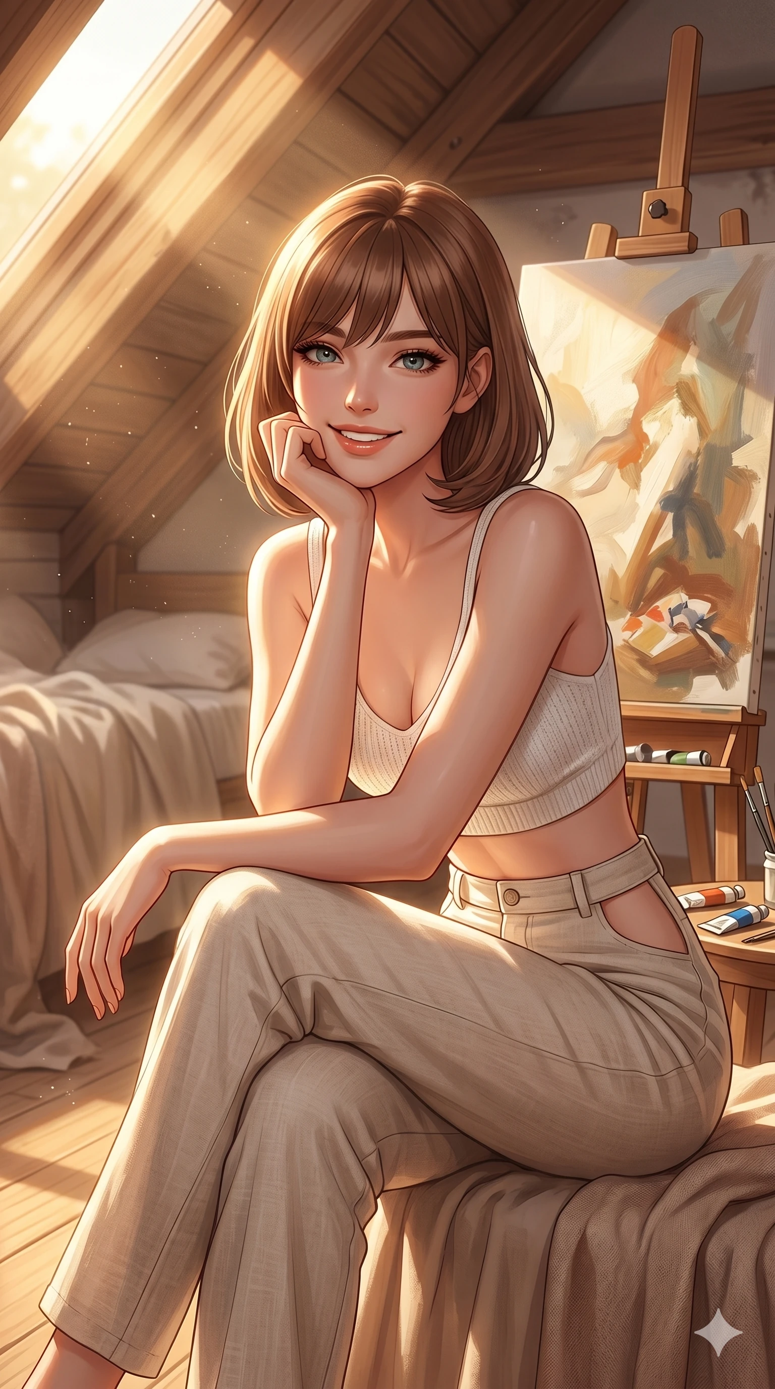 score_9, masterpiece, best quality, ultra-detailed, high-budget anime keyframe, editorial fashion photography, tasteful artistic composition, Caucasian woman, strictly human ears. cowboy shot from the thighs up, character and outfit filling the frame for maximum editorial presence. resting her chin on her hand, looking forward with a warm, radiant smile inside a sun-washed attic studio with canvas and easel. She has an absolutely perfect 8-heads proportion, an exceptionally tall and slender female figure with impossibly long slender legs and an ultra-slim waist. V-shaped jawline, high-bridge nose, intricate jewel-like eyes with depth, thick eyelashes, glossy lips with a natural sheen. wearing a white knit crop top and high-waisted linen trousers with side cutouts. bathed in golden morning sunbeams filtering through the sloped roof window. 2k, ultra detail, master piece, 9:16 ratio