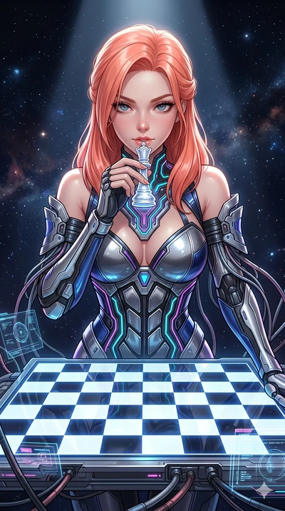 score_9, masterpiece, best quality, ultra-detailed, high-budget anime keyframe, Japanese woman. Upper body close-up from the thighs up, character filling the screen for maximum presence. She is leaning over a giant glowing glass chess board floating 
