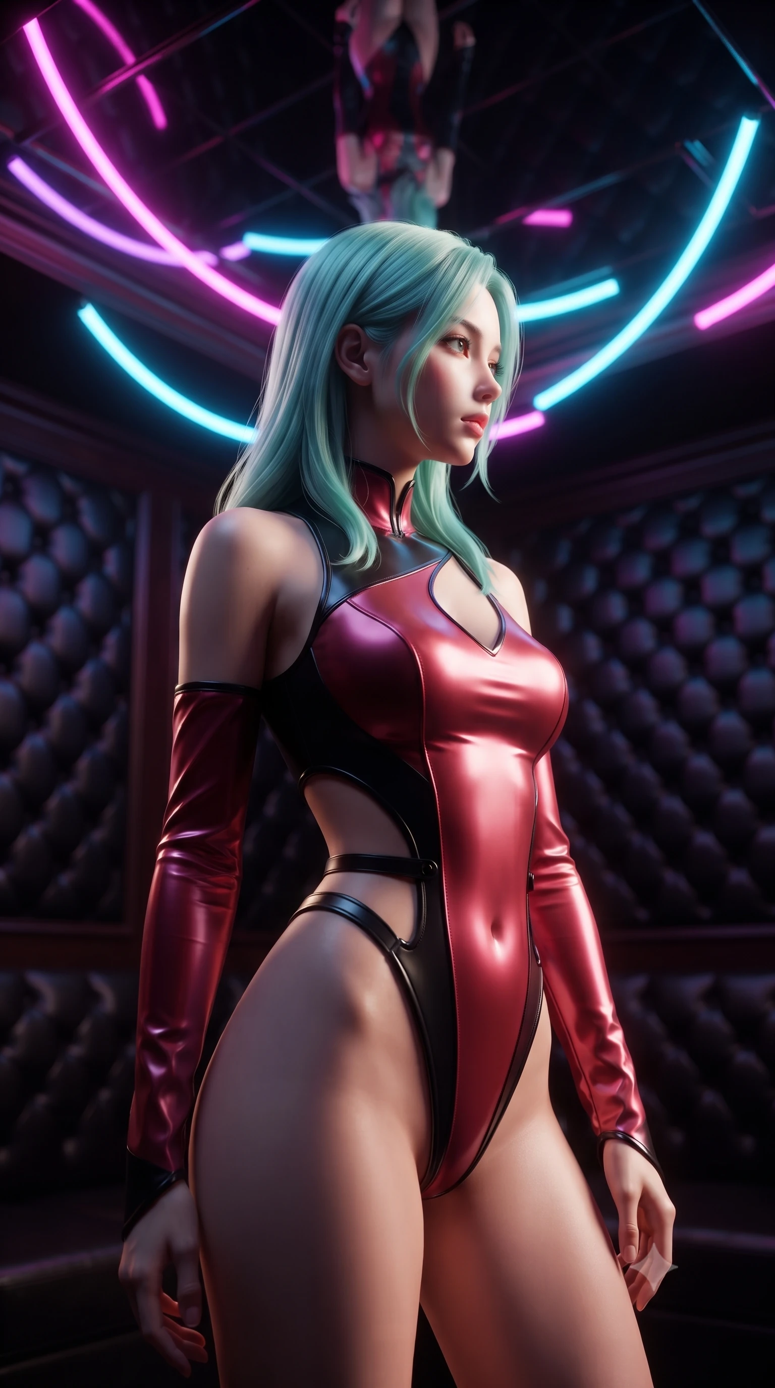 score_9, masterpiece, best quality, ultra-detailed, high-budget anime keyframe, editorial fashion photography, tasteful artistic composition, Japanese woman. close-up cowboy shot from the waist and thighs up, the character dominates the composition, filling the frame with her large presence, background elements kept in soft focus. Turning her face in sharp dramatic profile against the key light, navigating a dark leather-walled VIP room filled with floating neon light tubes, mirror ceiling reflecting her statuesque figure and neon arcs in high resolution. She has an exceptionally elegant, slender, and willowy female figure with an ultra-slim waist, a gracefully sculpted slender torso, and a refined silhouette. sharp v-shaped jawline, high-bridge nose, intricate jewel-like eyes with depth, thick eyelashes, glossy lips with a natural sheen. wearing asymmetric high-cut cyber-bodysuit with detached sleeves in onyx black in dark mahogany, made of soft crimson satin, adorned with minimalist black onyx hardware framing the silhouette, the fitted fabric emphasizing her ultra-slim waist. illuminated by vibrant magenta and cyan neon rim light against pitch-black leather. ultra-reflective glossy finish, specular highlights, metallic sheen, high-contrast stereoscopic depth, volumetric dynamic lighting, 2k, ultra detail, master piece, 9:16 ratio
