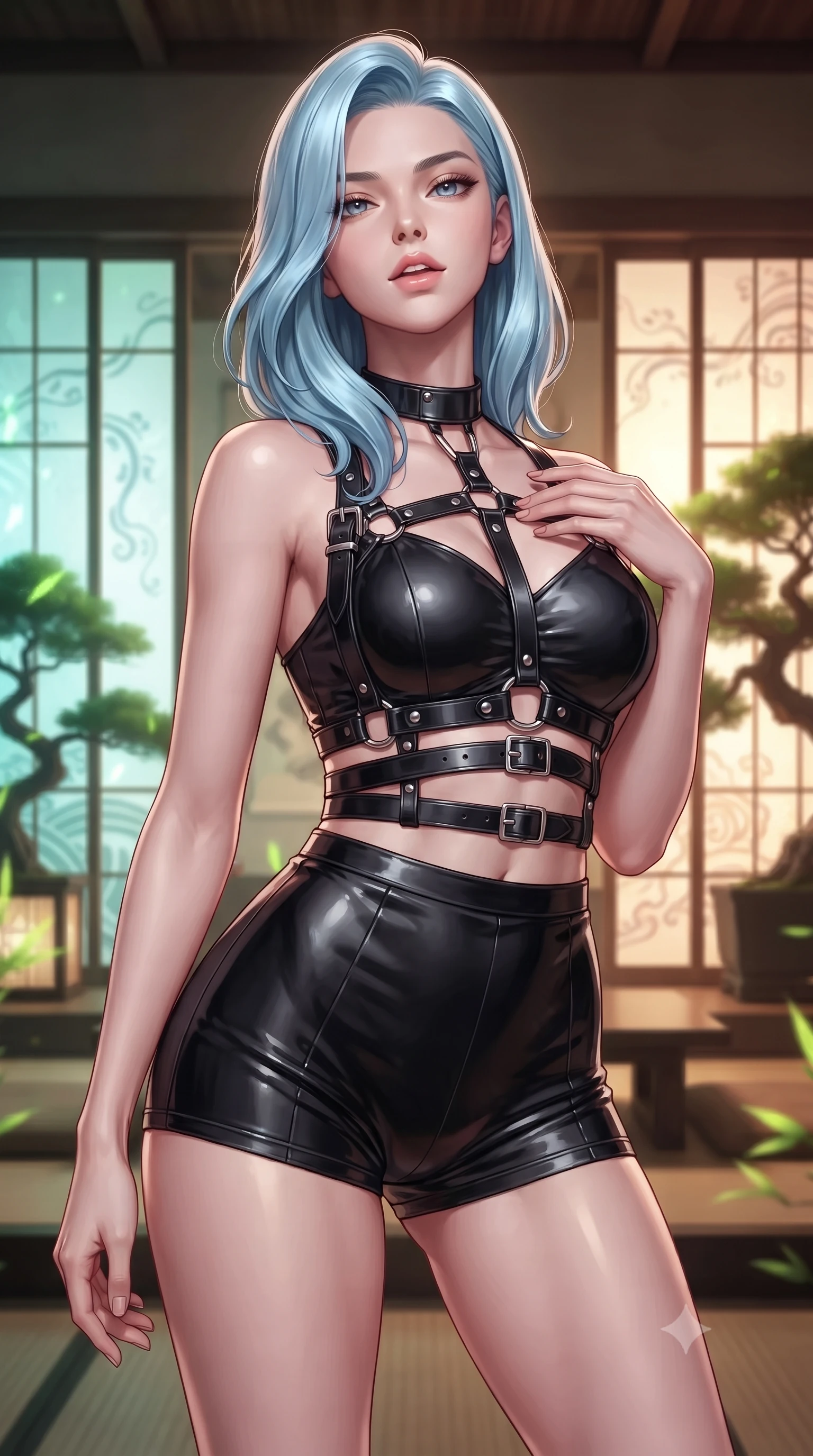 score_9, masterpiece, best quality, ultra-detailed, high-budget anime keyframe, editorial fashion photography, tasteful artistic composition, Korean woman woman. close-up cowboy shot from the waist and thighs up, the character dominates the composition, filling the frame with her large presence, background elements kept in soft focus. She has an exceptionally elegant, slender, and willowy female figure with an ultra-slim waist, a gracefully sculpted slender torso, and a refined silhouette. tilting her chin up slightly with lips parted in a composed and alluring expression, flawlessly proportioned anatomical accuracy, natural body alignment, perfectly sculpted elegant limbs, clean dynamic posture without body distortion. set against a soft-focus background of a cyber-zen tea room with digital shoji screens and bonsai. wearing a black structured leather harness over a fitted second-skin micro-shorts set. bathed in soft warm wooden ambient glow with gentle green digital plant highlights. ultra-reflective glossy finish, specular highlights, metallic sheen, high-contrast stereoscopic depth, volumetric dynamic lighting, 2k, ultra detail, master piece, 9:16 ratio