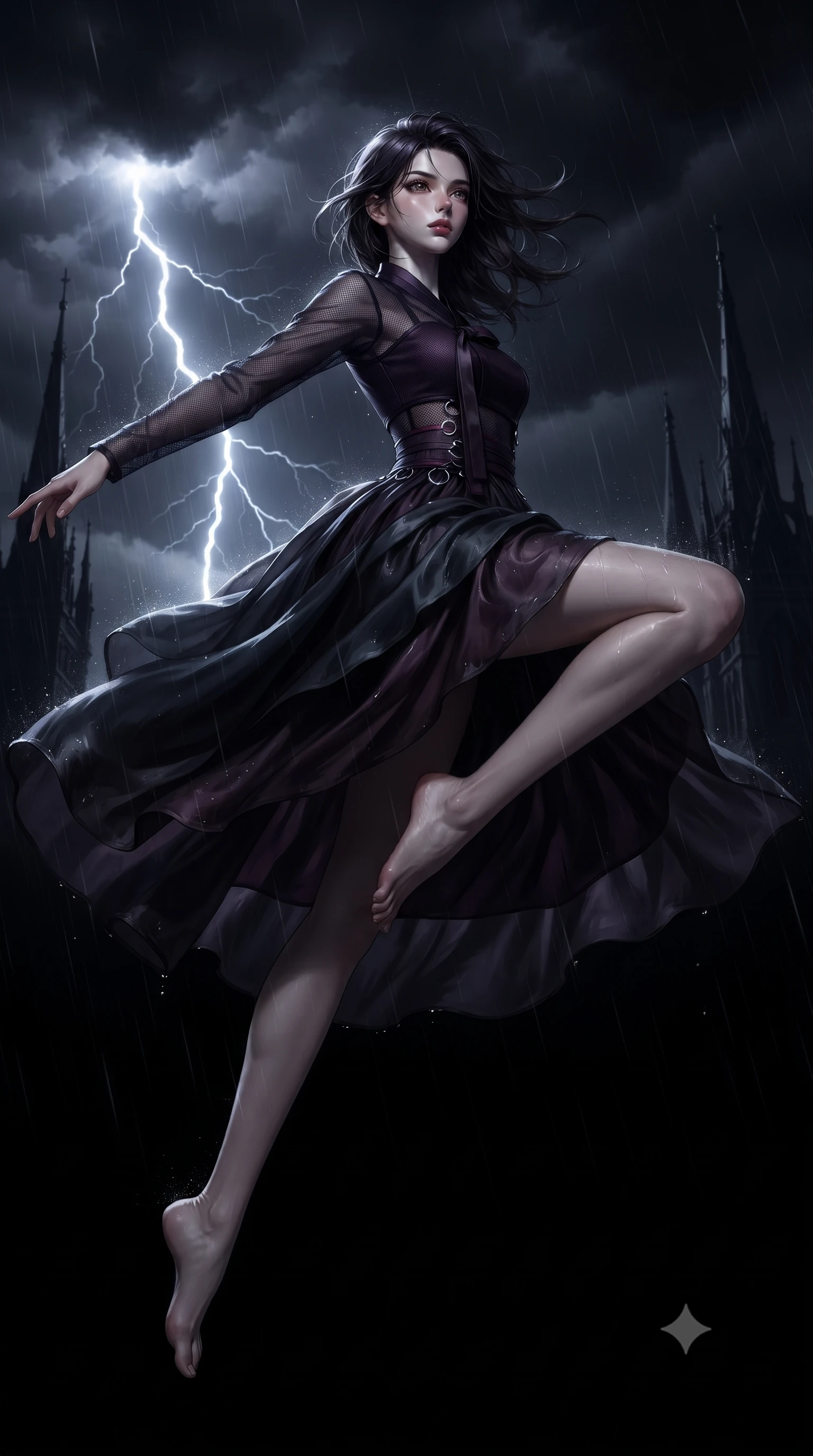 score_9, masterpiece, best quality, ultra-detailed, high-budget anime keyframe, editorial fashion photography, tasteful artistic composition, Korean woman. low angle full-body shot from head to toe showing her feet, filling the entire 9:16 vertical frame with her statuesque presence, stretching her vertical silhouette. leaping dynamically through the pitch-black void, her posture full of power and elegance, looking out into the pitch-black night as lightning illuminates distant gothic spires, dramatic lightning flashes illuminating dark thunderclouds in the background. She has an absolutely perfect, statuesque 8.5-heads proportion, an exceptionally tall and slender model-like female figure with impossibly long slender legs and an ultra-slim waist. sharp v-shaped jawline, high-bridge nose, intricate jewel-like eyes with depth, thick eyelashes, glossy lips with a natural sheen. wearing modern fusion dark hanbok dress with structured obsidian bodice in dark plum violet, made of fine dark contouring mesh, trimmed with dark chrome ring hardware along the waist contours, the fitted fabric emphasizing her ultra-slim waist. bathed in cold silvery rain-soaked key light and deep dark shadows. ultra-reflective glossy finish, specular highlights, metallic sheen, high-contrast stereoscopic depth, volumetric dynamic lighting, 2k, ultra detail, master piece, 9:16 ratio