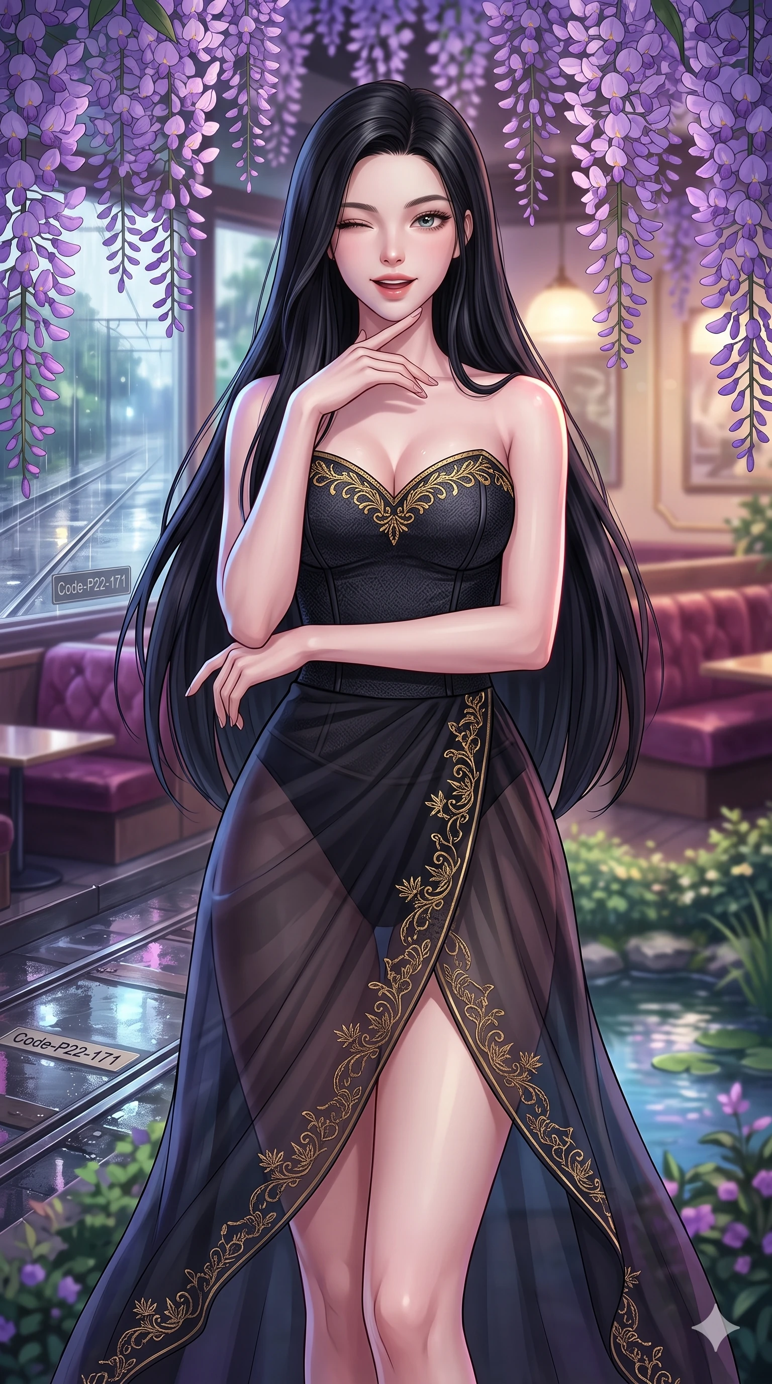 score_9, masterpiece, best quality, ultra-detailed, high-budget anime keyframe, vibrant anime aesthetic, Korean woman. close-up cowboy shot from the waist and thighs up, the character dominates the composition, filling the frame with her large presence, background elements kept in soft focus. She is standing under wisteria vines, winking with a cheerful and lively face, looking directly into the lens with a captivating and confident presence. the background shows a soft-focus retro-themed cafe corner with plush velvet booths and a view of rain-slicked tram tracks outside (Code-P22-171). She has an absolutely perfect proportion, an exceptionally elegant and slender female figure with an ultra-slim waist. V-shaped jawline, high-bridge nose, intricate jewel-like eyes with depth, thick eyelashes, glossy lips with a natural sheen. wearing a structured textured bodice with a sweetheart neckline and a translucent chiffon wrap skirt in midnight black with gold embroidery. She is lit by vibrant twilight sky reflections, tracing her shoulders and neckline, outlining her elegant silhouette by the quiet garden pond. 2k, ultra detail, master piece, 9:16 ratio