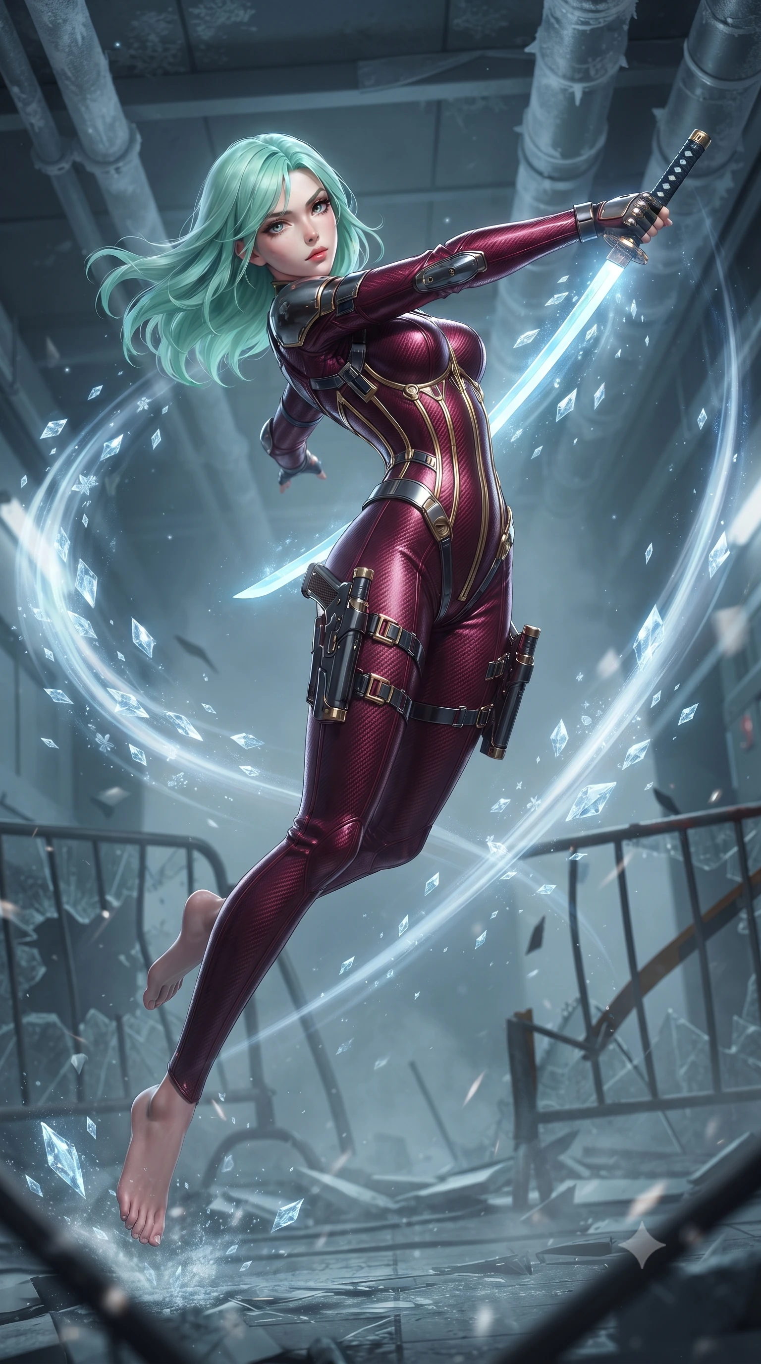 score_9, masterpiece, best quality, ultra-detailed, high-budget anime keyframe, editorial fashion photography, tasteful artistic composition, Japanese woman. low angle full-body shot from head to toe showing her feet, filling the entire 9:16 vertical frame with her statuesque presence, stretching her vertical silhouette. arching her back gracefully in mid-air during a dynamic combat vault, her weapon energy trail framing her statuesque presence while pivoting dynamically as she thrusts the cryo-spear forward, leaving a trail of diamond frost crystals hanging in the air. The composition keeps background elements in soft focus with creamy bokeh. shattered security barriers and overhead frosted conduits softened in quiet atmospheric focus. She has an absolutely perfect, statuesque 8.5-heads proportion, an exceptionally tall and slender model-like female figure with impossibly long slender legs, a toned flat midriff, and an ultra-slim waist. sharp v-shaped jawline, high-bridge nose, intricate jewel-like eyes with depth, thick eyelashes, glossy lips with a natural sheen, flawlessly proportioned anatomical accuracy, strict slender model proportions, natural body alignment, perfectly sculpted long slender limbs, ultra-slim waistline, clean dynamic posture without body distortion. wearing a precision-tailored high-fashion carbon-fiber corset bodysuit with gold mechanical rib boning, wielding a glowing energy katana with royal elegance in deep crimson carbon weave with specular dark chrome accents, crafted from ultra-strong woven carbon-fiber composite with a satin luster, detailed with magnetic weapon holsters and polished chrome connection clasps, the liquid-tight tailored fabric emphasizing every curve of her tall, slender model proportions and sculptured silhouette during dynamic movement. surrounded by a cool, lethal, and breathtakingly alluring frost-goddess special-operative aura. ultra-reflective glossy finish, specular highlights, dark metallic sheen, high-contrast stereoscopic depth, volumetric dynamic lighting, 2k, ultra detail, master piece, 9:16 ratio