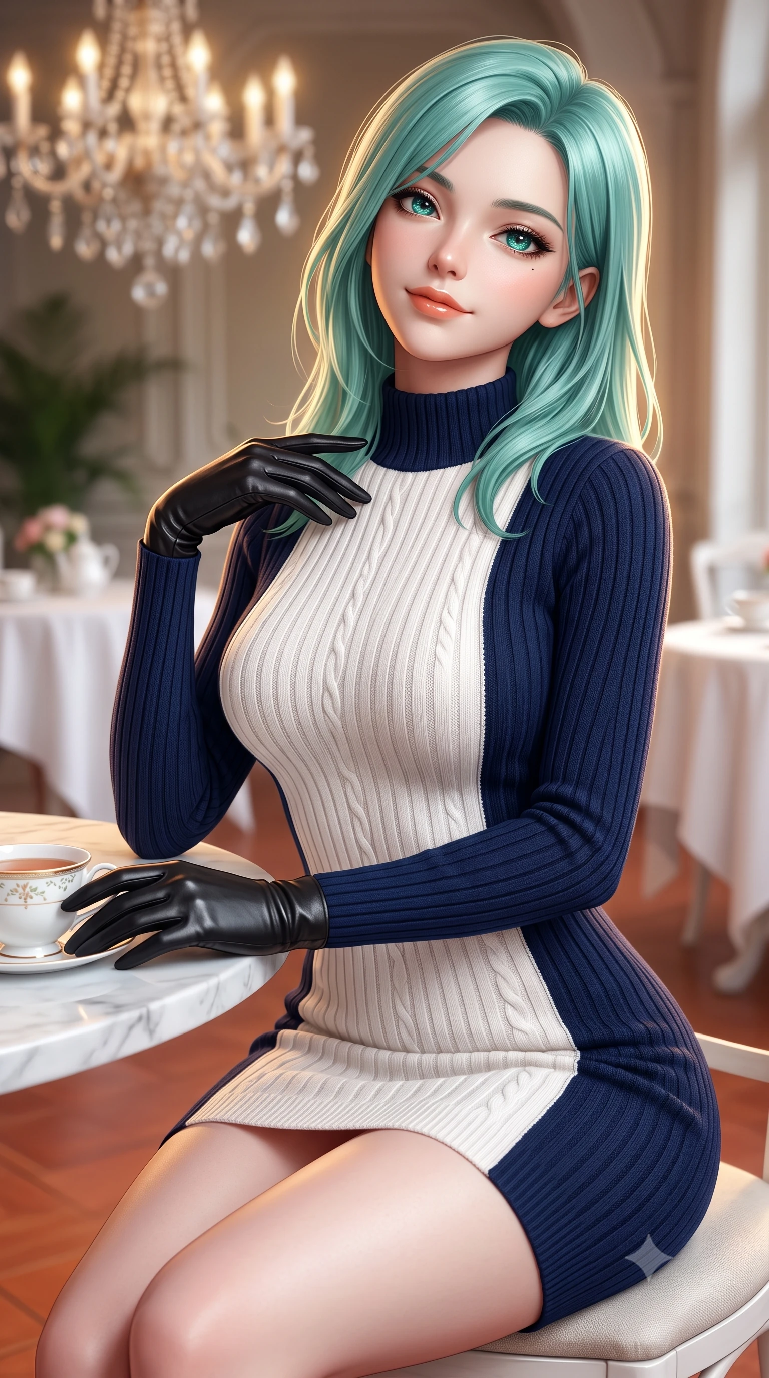 score_9, masterpiece, best quality, ultra-detailed, high-budget anime keyframe, semi-realistic 3D game render, editorial fashion photography, tasteful artistic composition, Japanese woman. close-up cowboy shot from the waist and thighs up, the character dominates the composition, filling the frame with her large presence. tilting her chin up with a teasing half-smile, running one manicured hand lightly along her lapel with effortless magnetic allure while sitting poised at a white marble conservatory tea table with hands resting gently on a porcelain cup, exuding high-society grace. The background shows a soft-focus antique crystal chandelier and white linen tea tables softened in royal afternoon tea shallow focus. She has an exceptionally elegant, slender, and willowy female figure with an ultra-slim waist, flat toned midriff, narrow ribcage, and sculpted feminine hips creating an alluring, slim hourglass silhouette without bulk. sharp v-shaped jawline, high-bridge nose, intricate jewel-like sparkling eyes with depth, thick eyelashes, glossy parted lips with a natural peach sheen, bright cheerful beaming smile with an enchanting and coquettish sensual glint, exuding both youthful cute charm and seductive allure, flawlessly proportioned anatomical accuracy, strict slender model proportions, natural body alignment, perfectly sculpted long slender limbs, ultra-slim waistline, clean dynamic posture without body distortion. wearing a sculpted cable-ribbed cashmere bodycon sweater dress with long fitted sleeves and a snug mock-neck tracing her slender silhouette in French navy blue and crisp alabaster white, crafted from liquid-tight stretch cashmere knit clinging flawlessly to every curve with silky softness, complemented by buttery leather opera gloves tracing her slender arms with sleek polish, the snug waist-cinching tailoring accentuating her ultra-slim waistline and the enchanting curve of her feminine hips with alluring seductive charm. illuminated by terracotta floor reflection fill and warm golden rim lights defining her delicate collar and willowy silhouette. highly saturated vibrant anime colors, detailed shading with soft gradients, rich glossy textures, high-contrast stereoscopic depth, volumetric dynamic lighting, master piece, 9:16 ratio