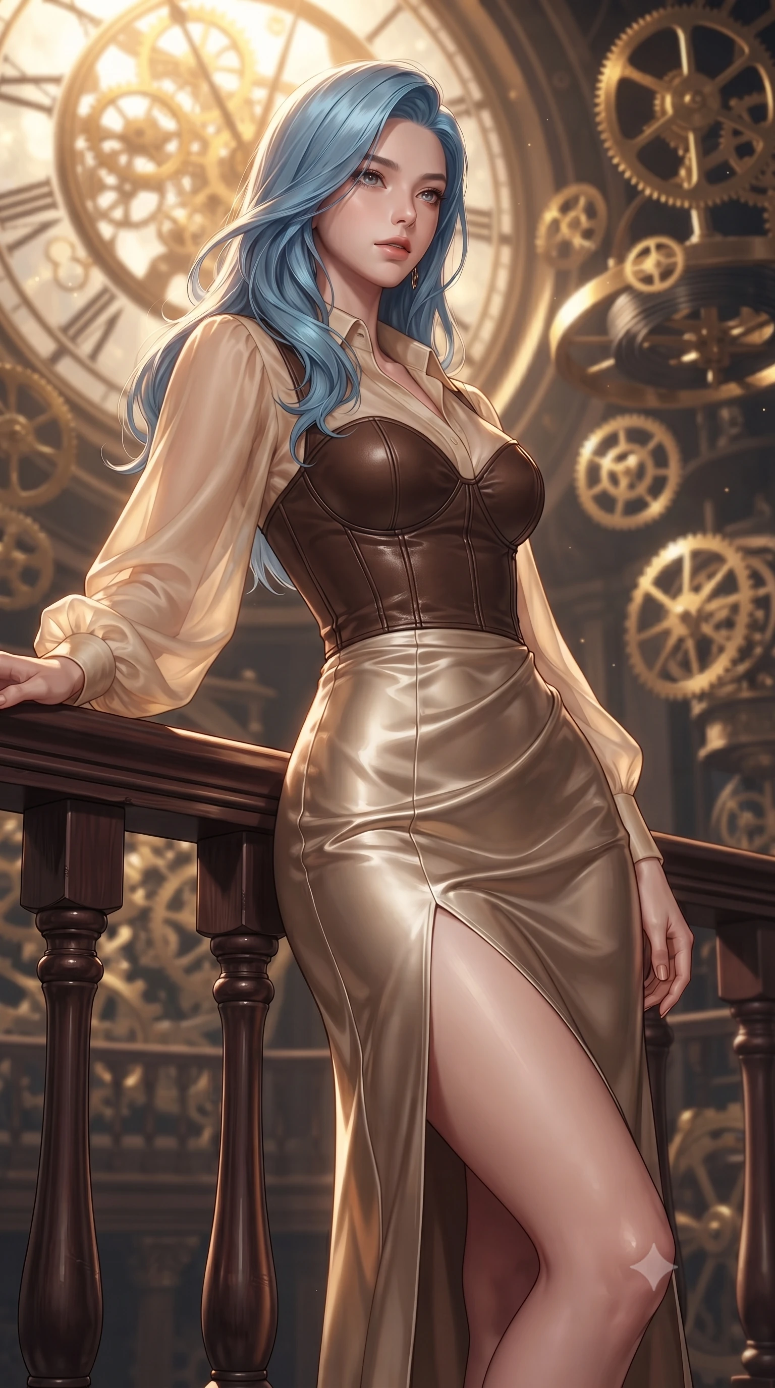 score_9, masterpiece, best quality, ultra-detailed, high-budget anime keyframe, editorial fashion photography, tasteful artistic composition, Korean woman. close-up cowboy shot from the waist and thighs up, the character dominates the composition, filling the frame with her large presence, background elements kept in soft focus. Gazing past the camera with an air of effortless elegance and mysterious confidence leaning against a vintage mahogany balustrade inside a mechanical observatory, floating brass gears and clocksprings casting intricate metallic reflections. She has an exceptionally elegant, slender, and willowy female figure with an ultra-slim waist, a gracefully sculpted slender torso, and a refined silhouette. sharp v-shaped jawline, high-bridge nose, intricate jewel-like eyes with depth, thick eyelashes, glossy lips with a natural sheen. wearing a tailored leather bustier over a sheer silk chiffon blouse in espresso brown and warm cream, crafted from lustrous satin jersey with fluid draping, finished with a sleek side slit ascending to mid-thigh, the form-contouring material highlighting her ultra-slim waist and long lines. illuminated by a brilliant golden hour glow filtering through clockwork dials. ultra-reflective glossy finish, specular highlights, metallic sheen, high-contrast stereoscopic depth, volumetric dynamic lighting, 2k, ultra detail, master piece, 9:16 ratio