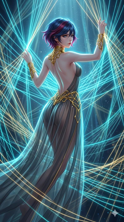 score_9, masterpiece, best quality, ultra-detailed, high-budget anime keyframe, Japanese woman. upper body close-up from the thighs up, character filling the screen for maximum presence. floating suspended in an ethereal loom room where millions of l