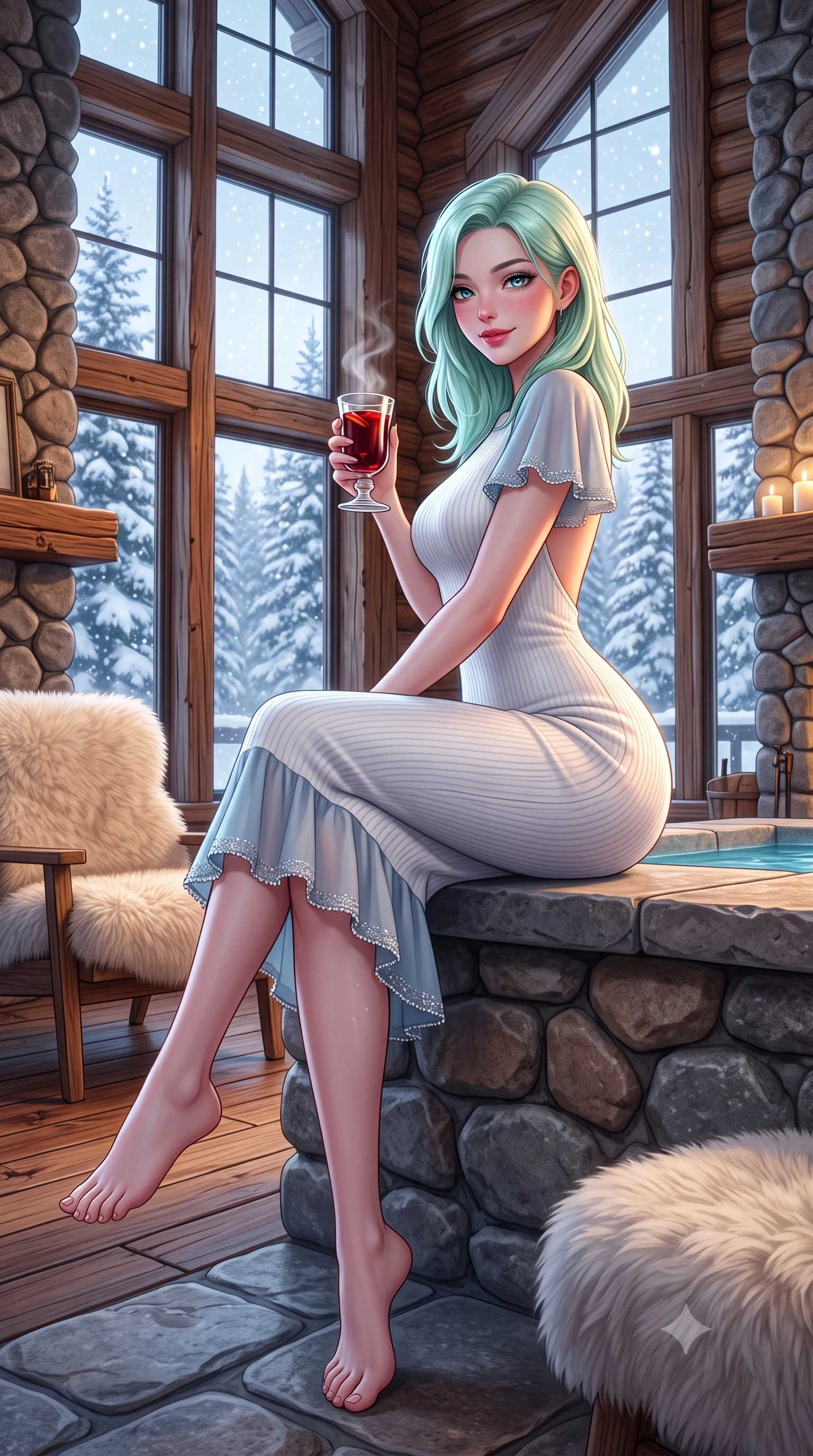 score_9, masterpiece, best quality, ultra-detailed, high-budget anime keyframe, semi-realistic 3D game render, editorial fashion photography, tasteful artistic composition, Japanese woman. low angle full-body shot from head to toe showing her feet, filling the entire 9:16 vertical frame with her statuesque presence, stretching her vertical silhouette. sitting perched on the elevated stone pool coping with legs crossed and hips angled toward the camera, displaying her toned midriff and long slender limbs with joyful, coquettish charm while twisting her slender torso in an alluring contrapposto stance, holding a glass of mulled wine as snow blankets the forest outside double-height windows. The surrounding environment is rendered in vivid detail and crisp panoramic clarity. sharp river-rock masonry texture, hand-hewn cedar log grain, and plush sheepskin wool fibers in deep focus. She has an exceptionally tall and slender model-like 8.5-heads proportion, an ultra-slim waist, a flat toned midriff, narrow delicate ribcage, and beautifully sculpted feminine hips creating a graceful, slim hourglass silhouette without any bulky heaviness, with impossibly long slender legs. sharp v-shaped jawline, high-bridge nose, sparkling ice-crystal eyes with depth, frosty thick lashes, glossy parted lips with a rosy berry sheen, bright playful smile with an intoxicating seductive glint, rosy flushed cheeks radiating cozy warmth and dangerous allure, flawlessly proportioned anatomical accuracy, strict slender model proportions, natural body alignment, perfectly sculpted long slender limbs, ultra-slim waistline, clean dynamic posture without body distortion. wearing a form-contouring white ribbed cashmere knit bodycon midi dress with an open-back scoop in dusty periwinkle blue and cloud white, woven from layered gossamer chiffon with ethereal weightless flutter, finished with delicate silver beaded trim along the hem that glitters like frost, the liquid-tight tailored fabric clinging flawlessly to her narrow waist and rounded feminine hips, emphasizing every millimeter of her sculpted slim hourglass curves without any bulky heaviness. illuminated by cool winter twilight window bounce and rich warm-gold rim light sculpting her razor-sharp jawline, narrow waist, and curvy hips. highly saturated vibrant anime colors, detailed shading with soft gradients, rich glossy textures, high-contrast stereoscopic depth, volumetric dynamic lighting, master piece, 9:16 ratio