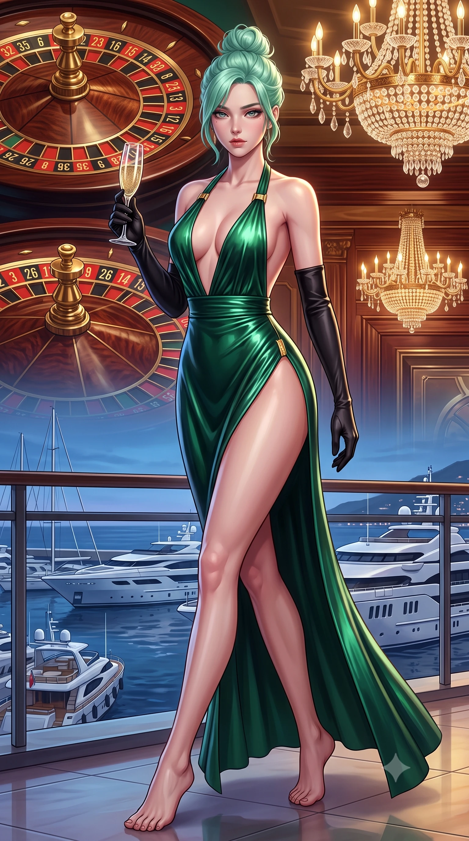 score_9, masterpiece, best quality, ultra-detailed, high-budget anime keyframe, semi-realistic 3D game render, editorial fashion photography, tasteful artistic composition, Japanese woman. low angle full-body shot from head to toe showing her feet, filling the entire 9:16 vertical frame with her statuesque presence, stretching her vertical silhouette. striding forward in a proud supermodel runway stride, hips swaying in an alluring kinetic rhythm that accentuates her curvy hourglass silhouette while striding dynamically along the marina balcony as superyacht horns echo below, her glittering backless dress tightly hugging her feminine curves. The surrounding environment is rendered in vivid detail and crisp panoramic clarity. sharp roulette wheel brass numerals, polished mahogany wood grain, and crystal glass facets in deep focus. She has an absolutely perfect, statuesque 8.5-heads proportion, an exceptionally tall and slender model-like female figure with impossibly long slender legs, a toned flat midriff, an ultra-slim waist, and beautifully sculpted feminine hips. sharp v-shaped jawline, high-bridge nose, intricate jewel-like eyes with depth, thick eyelashes, glossy parted lips with a natural sheen, intensely captivating and seductive bedroom-eyes expression, flawlessly proportioned anatomical accuracy, strict slender model proportions, natural body alignment, perfectly sculpted long slender limbs, ultra-slim waistline, clean dynamic posture without body distortion. wearing a plunging halter-neck liquid metallic gown with an ultra-deep open back and an ultra-high side slit ascending to the hip in deep emerald green and polished gold hardware, tailored from fluid silk crepe with delicate inner corsetry boning, accessorized with opera-length black satin gloves and a vintage crystal champagne flute, the liquid-tight tailored fabric clinging flawlessly to her narrow waist and rounded feminine hips, emphasizing every millimeter of her sculpted hourglass curves during movement. bathed in opulent golden casino chandelier light and cool Mediterranean twilight ambient fill. highly saturated vibrant anime colors, detailed shading with soft gradients, rich glossy textures, high-contrast stereoscopic depth, volumetric dynamic lighting, master piece, 9:16 ratio