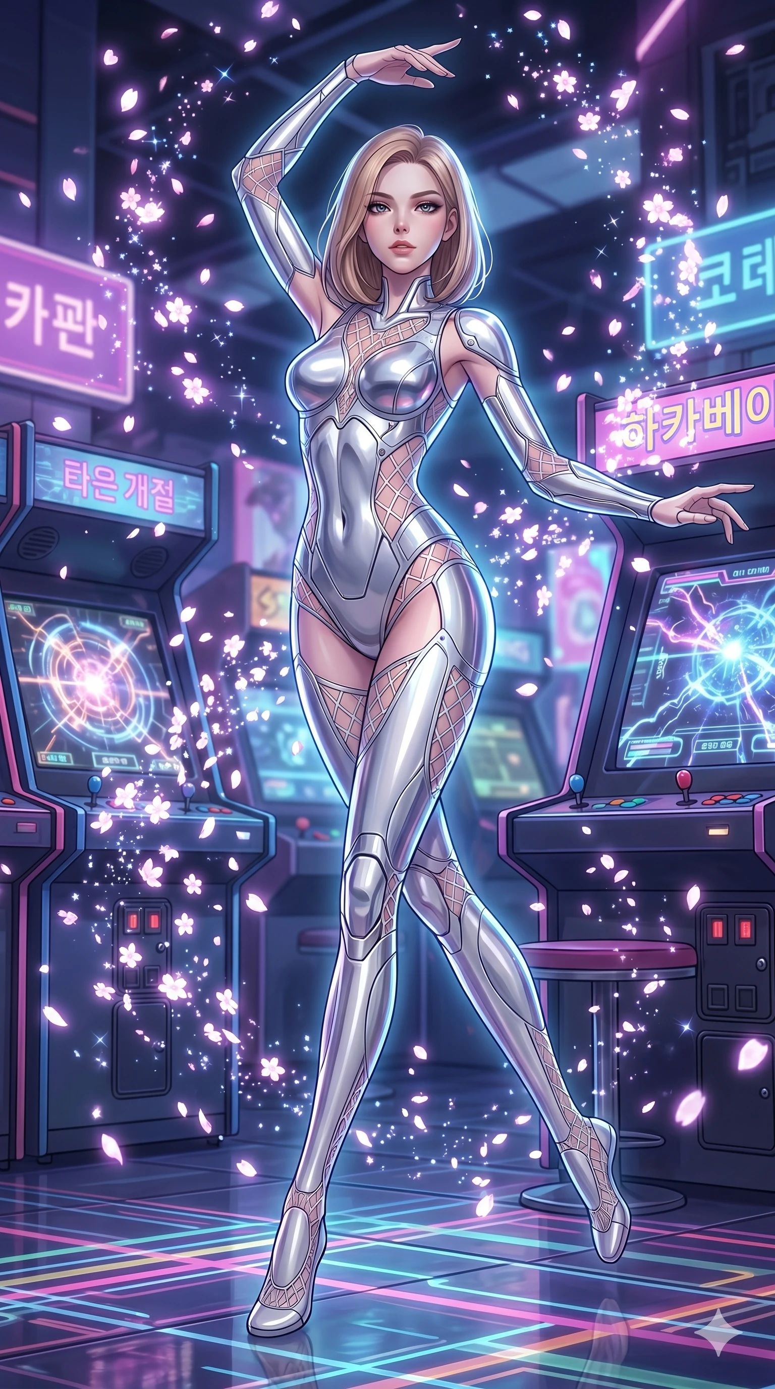 score_9, masterpiece, best quality, ultra-detailed, high-budget anime keyframe, editorial fashion photography, tasteful artistic composition, Korean woman. low angle full-body shot from head to toe showing her feet, filling the entire 9:16 vertical frame with her statuesque presence, stretching her vertical silhouette. diving deep into in a neon-drenched arcade hall with retro-futuristic holographic games as digital sakura petals blizzard and sparkle around her. She has an absolutely perfect 8-heads proportion, an exceptionally tall and slender female figure with impossibly long slender legs and an ultra-slim waist. V-shaped jawline, high-bridge nose, intricate jewel-like eyes with depth, thick eyelashes, glossy lips with a natural sheen.. wearing a bionic chrome plate bodysuit, featuring silver chrome plates covering the torso and hips, connected by opaque geometric lattice panels. lit by a soft glowing ambient light and a sharp side key light that traces the sleek contours of her athletic build. 2k, ultra detail, master piece, 9:16 ratio