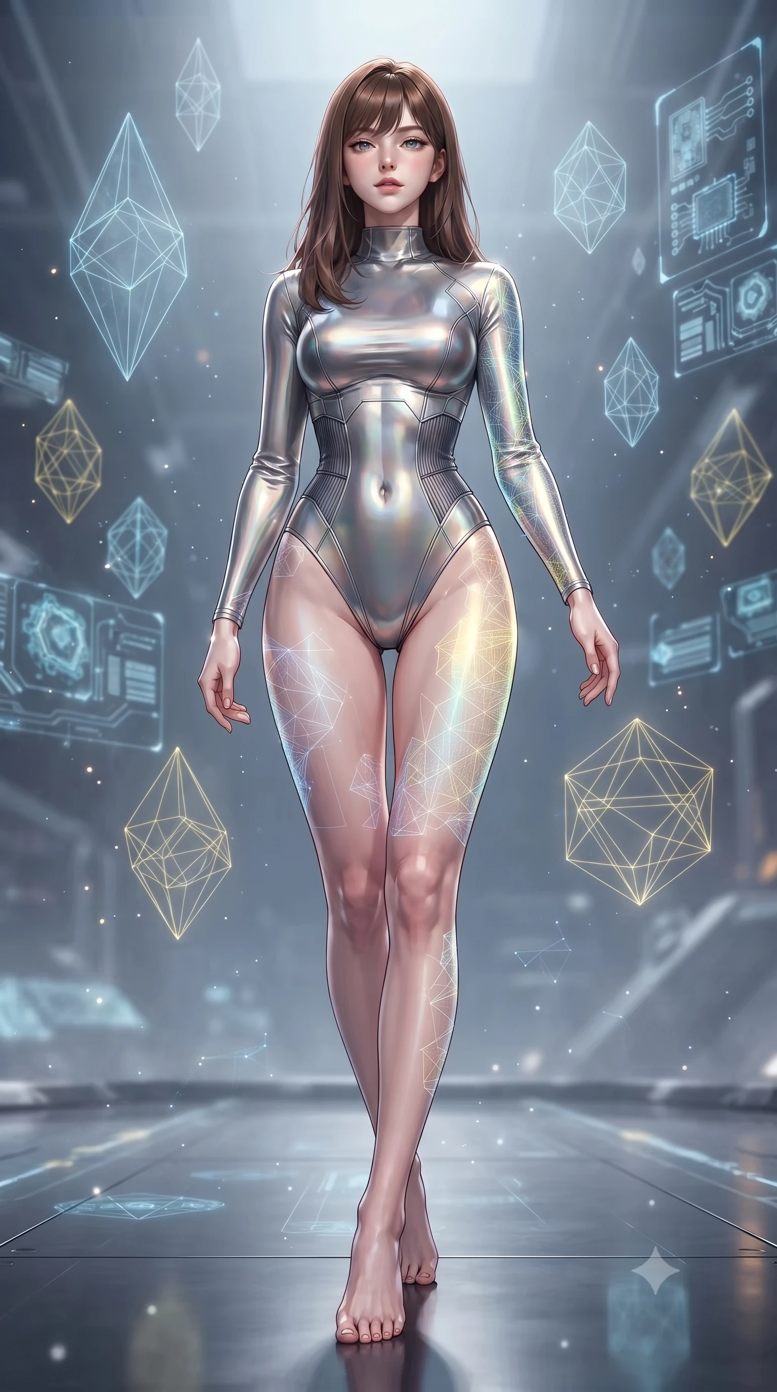 score_9, masterpiece, best quality, ultra-detailed, high-budget anime keyframe, editorial fashion photography, tasteful artistic composition, Korean woman. low angle full-body shot from head to toe showing her feet, filling the entire 9:16 vertical frame with her statuesque presence, stretching her vertical silhouette. stepping gracefully through floating stardust particles, her body-contouring suit showing her athletic, slender silhouette, the background shows a soft-focus a nanotech control bay with floating wireframe models of geometric crystals. She has an absolutely perfect, statuesque 8.5-heads proportion, an exceptionally tall and slender model-like female figure with impossibly long slender legs and an ultra-slim waist. sharp v-shaped jawline, high-bridge nose, intricate jewel-like eyes with depth, thick eyelashes, glossy lips with a natural sheen. wearing a body-hugging body-hugging titanium-sheen mock-neck bodysuit, featuring elastic compression panels at the waist. soft blue and yellow wireframe holograms casting delicate geometric patterns on her. ultra-reflective glossy finish, specular highlights, metallic sheen, high-contrast stereoscopic depth, volumetric dynamic lighting, 2k, ultra detail, master piece, 9:16 ratio
