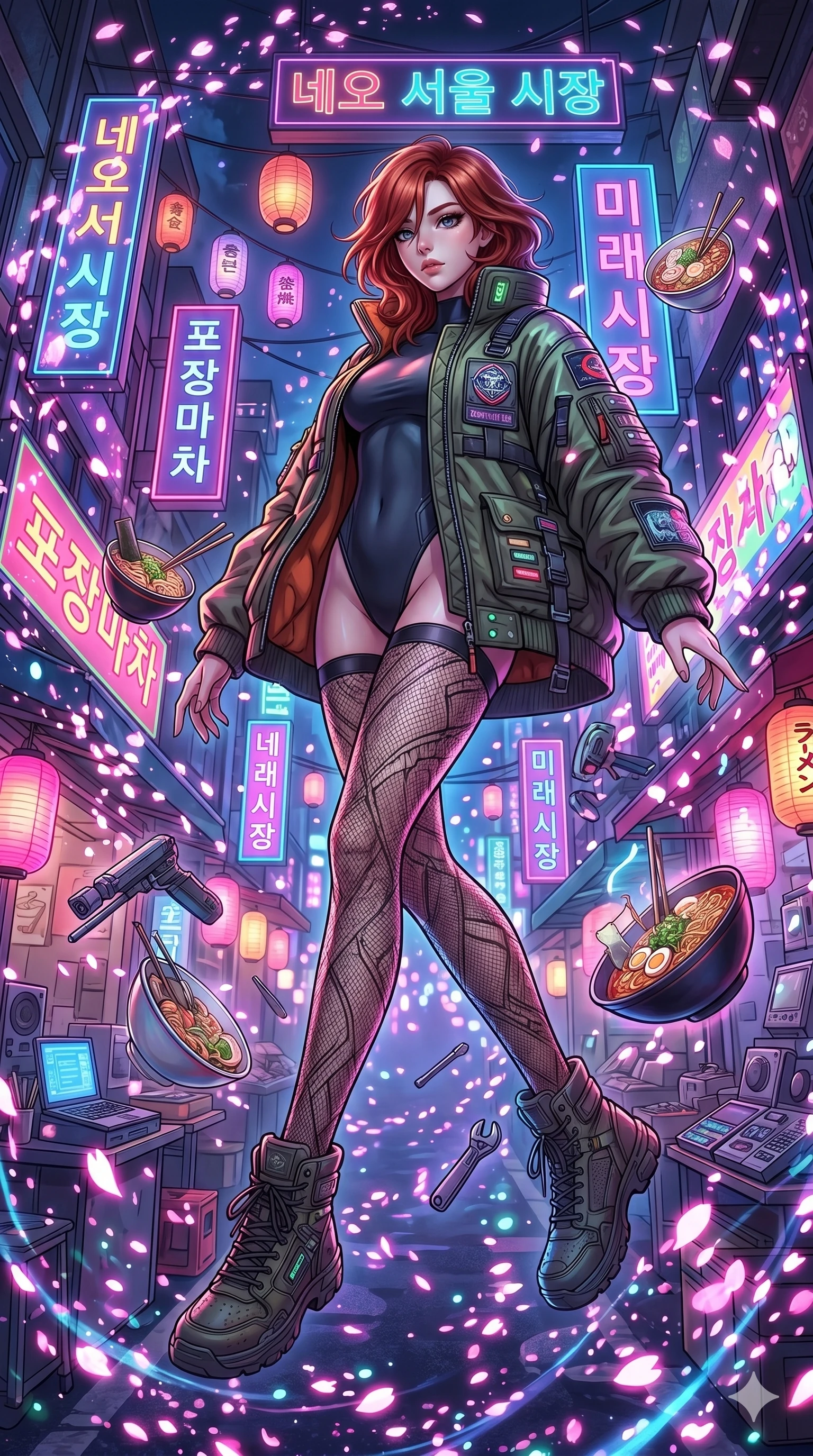score_9, masterpiece, best quality, ultra-detailed, Set A: High-budget Anime Keyframe, Korean woman. Low angle cowboy shot filling the entire 9:16 frame with her statuesque presence. Floating through a neon-lit Neo-Seoul market, as gravity fails and everything around her floats in state 6 and surrounded by digital sakura petals. She has an absolutely perfect 8-heads proportion, an exceptionally tall and slender female figure with impossibly long slender legs and an ultra-slim waist. Sharp v-shaped jawline, high-bridge nose, intricate jewel-like eyes with depth, thick eyelashes, glossy lips with a natural sheen. Wearing Heavy tactical bomber jacket worn over a micro-bodysuit with mesh stockings. Cinematic lighting, vibrant colors, dramatic shadows, 2k, ultra detail, master piece, 9:16 ratio