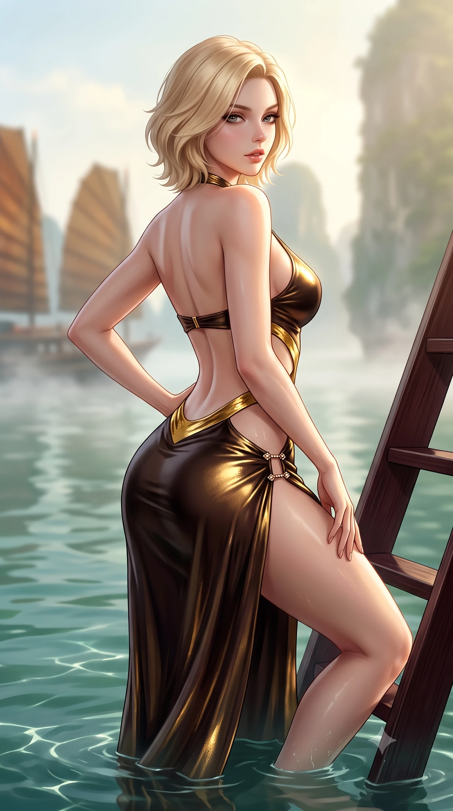 score_9, masterpiece, best quality, ultra-detailed, high-budget anime keyframe, semi-realistic 3D game render, editorial fashion photography, tasteful artistic composition, Caucasian woman. close-up cowboy shot from the waist and thighs up, the character dominates the composition, filling the frame with her large presence. posing in an alluring rear three-quarter angle, arching her lower back in a pronounced S-curve with one hand on her hip, glancing seductively over her bare shoulder with parted glossy lips while wading down the mahogany swim ladder with one knee bent, water caustics tracing her feminine hips and long slender legs in the emerald bay. The composition keeps background elements in soft focus with creamy bokeh. traditional junk boat sails and rising morning sea mist softened in mystical Vietnamese shallow focus. She has an exceptionally elegant, slender, and willowy female figure with an ultra-slim waist, flat toned midriff, narrow ribcage, and sculpted feminine hips creating an alluring, slim hourglass silhouette without bulk. sharp v-shaped jawline, high-bridge nose, intricate jewel-like eyes with depth, thick eyelashes, glossy parted lips with a natural sheen, intensely captivating and seductive bedroom-eyes expression, flawlessly proportioned anatomical accuracy, strict slender model proportions, natural body alignment, perfectly sculpted long slender limbs, ultra-slim waistline, clean dynamic posture without body distortion. wearing a sculptured liquid-satin mermaid gown with an architectural open-waist cutout and bare spine in dark espresso brown and molten gold foil, crafted from luxurious metallic lamé that shifts radiance with every step, finished with an ultra-high side slit secured by miniature jeweled clasps, the second-skin form-contouring cut accentuating her sculpted flat midriff, narrow delicate ribcage, and gracefully curvy hips with supermodel precision. bathed in soft golden dawn sunlight filtering through sea mist between colossal limestone pillars. highly saturated vibrant anime colors, detailed shading with soft gradients, rich glossy textures, high-contrast stereoscopic depth, volumetric dynamic lighting, master piece, 9:16 ratio