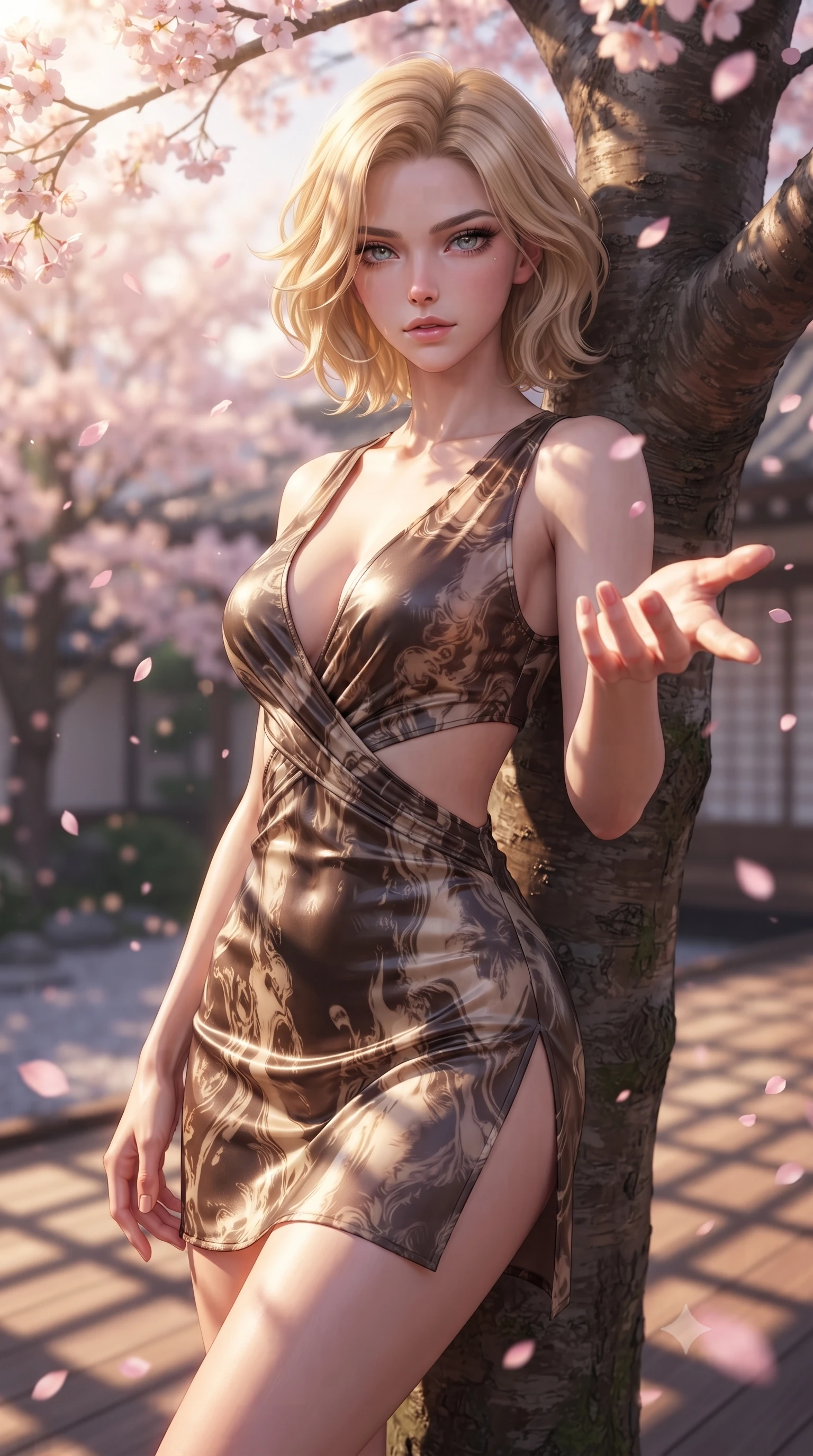 score_9, masterpiece, best quality, ultra-detailed, high-budget anime keyframe, editorial fashion photography, tasteful artistic composition, Caucasian woman. close-up cowboy shot from the waist and thighs up, the character dominates the composition, filling the frame with her large presence, background elements kept in soft focus. Reaching one hand gracefully toward the viewer with effortless superiority and allure resting against a courtyard cherry blossom tree as pink petals rain softly around her, golden hour sunbeams casting dramatic fence grid shadows on the roof deck. She has an exceptionally elegant, slender, and willowy female figure with an ultra-slim waist, a gracefully sculpted slender torso, and a refined silhouette. sharp v-shaped jawline, high-bridge nose, intricate jewel-like eyes with depth, thick eyelashes, glossy lips with a natural sheen. wearing a liquid mercury gloss mini dress with ultra-deep V-neck and waist cutouts in espresso brown and warm cream, woven from fine semi-opaque sheer organza, finished with a sleek side slit ascending to mid-thigh, the elegant draped fit framing her graceful clavicle and slender torso. illuminated by soft glowing evening sunbeams filtering through sakura branches. highly saturated vibrant anime colors, detailed shading with soft gradients, rich glossy textures, high-contrast stereoscopic depth, volumetric dynamic lighting, master piece, 9:16 ratio