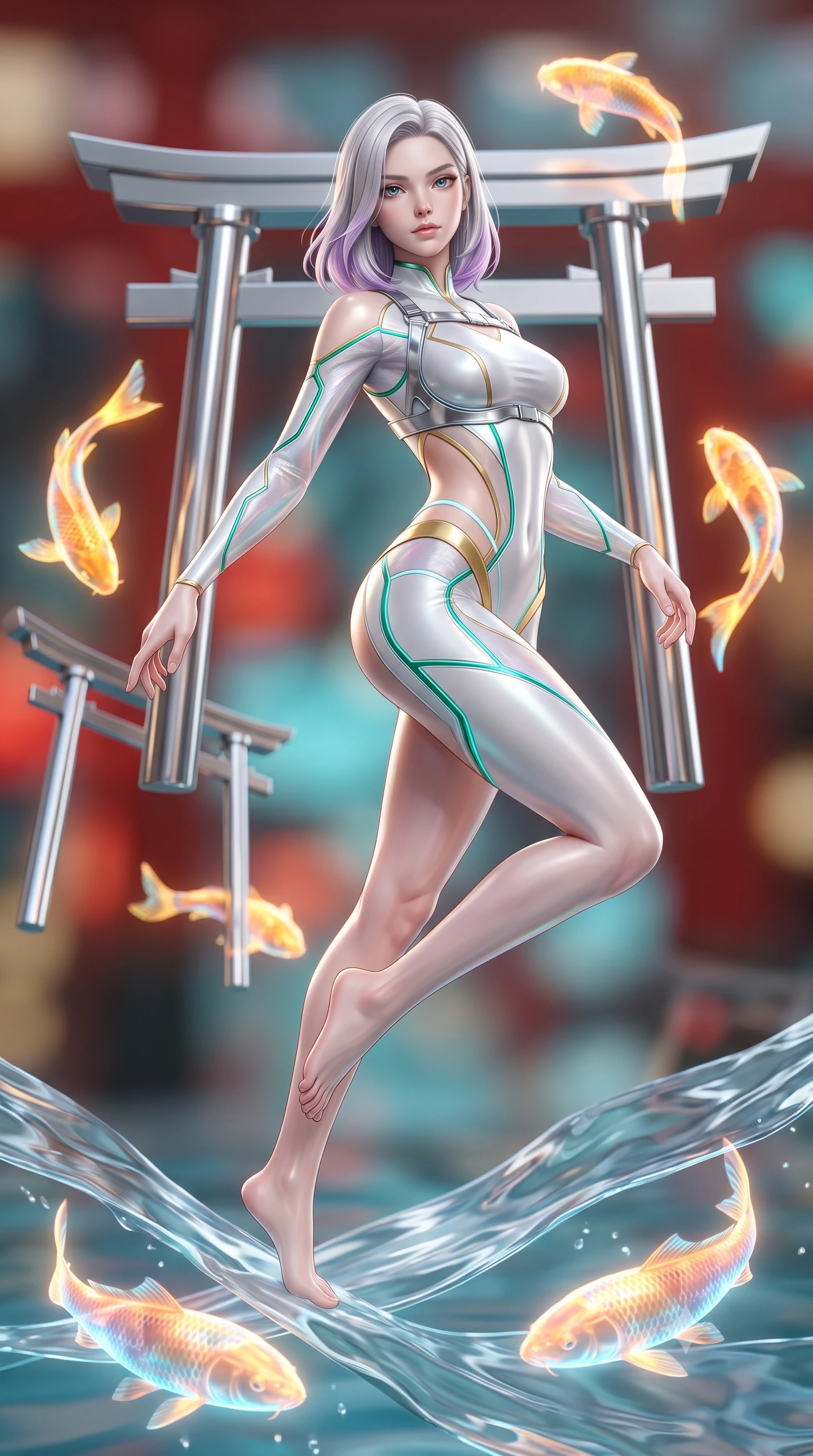 score_9, masterpiece, best quality, ultra-detailed, high-budget anime keyframe, semi-realistic 3D game render, editorial fashion photography, tasteful artistic composition, Caucasian woman. low angle full-body shot from head to toe showing her feet, filling the entire 9:16 vertical frame with her statuesque presence, stretching her vertical silhouette. arching her spine in a fluid zero-gravity turn with sovereign grace, her long slender legs and sculpted torso creating a sweeping line while stepping along the water matrix as swimming golden holographic koi illuminate her sculpted silhouette from below. The composition keeps background elements in soft focus with creamy bokeh. floating chrome torii gates and swimming holographic koi blurred into vibrant scarlet, cyan, and gold bokeh. She has an absolutely perfect, statuesque 8.5-heads proportion, an exceptionally tall and slender model-like female figure with impossibly long slender legs, a toned flat midriff, and an ultra-slim waist. sharp v-shaped jawline, high-bridge nose, intricate jewel-like eyes with depth, thick eyelashes, glossy lips with a natural sheen, flawlessly proportioned anatomical accuracy, strict slender model proportions, natural body alignment, perfectly sculpted long slender limbs, ultra-slim waistline, clean dynamic posture without body distortion. wearing a second-skin white-and-gold high-fashion tech-bodysuit with diagonal midriff cutouts and glowing cyan fiber seams in radiant emerald green circuit lines and polished silver sheen, crafted from delicate iridescent organza interwoven with luminescent micro-fibers, reinforced by a sleek metallic chrome harness and delicate glowing micro-straps, the sleek second-skin cut tightly hugging her graceful clavicle, narrow waist, and feminine curves with athletic precision. surrounded by an ethereal, timeless, and captivatingly graceful oriental cyber-goddess aura. rich saturated anime colors with glowing neon highlights, detailed shading with soft gradients, rich glossy textures, high-contrast stereoscopic depth, volumetric dynamic lighting, master piece, 9:16 ratio