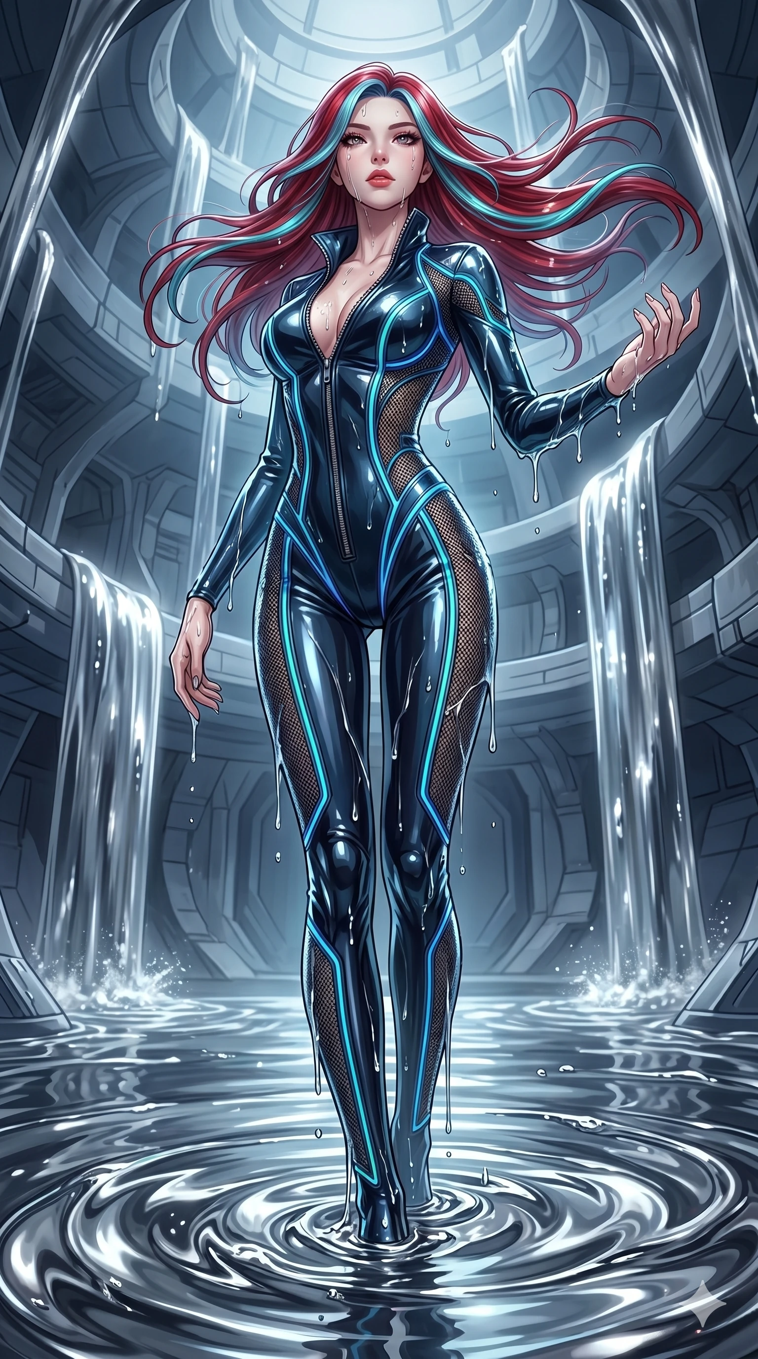 score_9, masterpiece, best quality, ultra-detailed, High-budget Anime Keyframe, East Asian woman. Dynamic full-body shot stretching the vertical silhouette to the limit. Scenario 254: Rising from a pool of mercury-like liquid, droplets rolling off her skin. Her presence is magnetic and overpowering in this high-budget anime scene. Outfit 254: A patent leather micro-mesh with a unzipped detail and glowing LED seams. The clothing is designed to emphasize her exceptionally tall and slender 8-heads proportion. 8-heads proportion, towering silhouette, ultra-slim waist. sharp v-shaped jawline, intricate jewel-like eyes with depth, thick eyelashes, glossy lips. 2k, ultra detail, master piece, 9:16 ratio