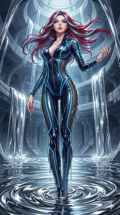 score_9, masterpiece, best quality, ultra-detailed, High-budget Anime Keyframe, East Asian woman. Dynamic full-body shot stretching the vertical silhouette to the limit. Scenario 254: Rising from a pool of mercury-like liquid, droplets rolling off he