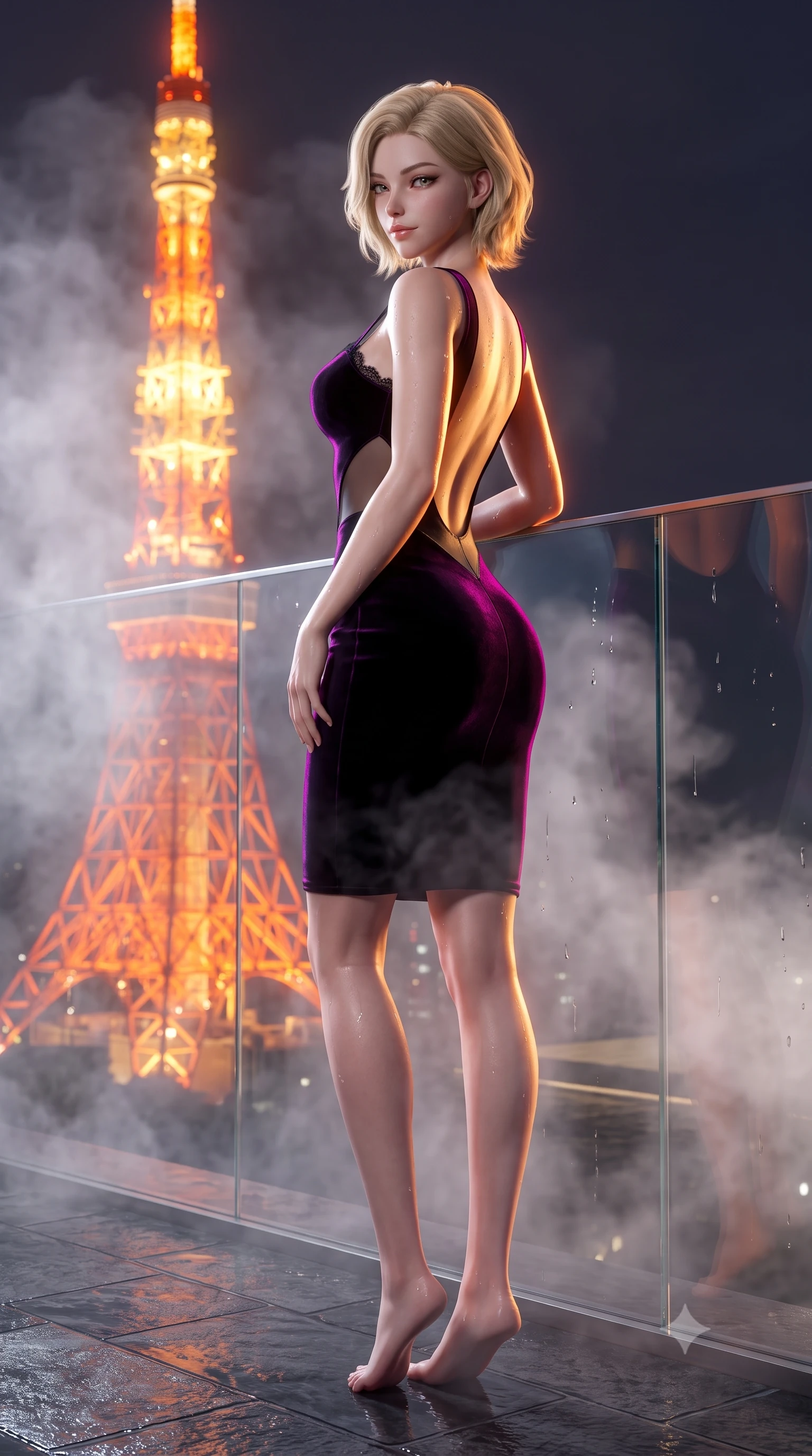 score_9, masterpiece, best quality, ultra-detailed, high-budget anime keyframe, semi-realistic 3D game render, editorial fashion photography, tasteful artistic composition, Caucasian woman. low angle full-body shot from head to toe showing her feet, filling the entire 9:16 vertical frame with her statuesque presence, stretching her vertical silhouette. executing a slow, graceful pivot turn as her skirt sways around her slender legs, glancing back with an enchanting, teasing sensual expression while leaning against the infinity edge glass barrier with hips cocked back, looking through rising mineral steam toward the blazing orange Tokyo Tower. The surrounding environment is rendered in vivid detail and crisp panoramic clarity: sharp flamed black basalt stone textures, glistening mineral water drops on smooth skin, and razor-sharp Tokyo Tower structural lattice in deep focus. She has an absolutely perfect, statuesque 8.5-heads proportion, an exceptionally tall and slender model-like female figure with impossibly long slender legs, an ultra-slim waist, a flat toned midriff, narrow delicate ribcage, and beautifully sculpted feminine hips creating a graceful, slim hourglass silhouette without any bulky heaviness. sharp v-shaped jawline, high-bridge nose, sparkling eyes with hypnotic seductive depth, thick curled eyelashes, glossy parted lips with a natural dewy peach sheen, alluring bedroom-eyes with an enchanting coquettish smile, exuding magnetic siren charisma and sophisticated glamour, flawlessly proportioned anatomical accuracy, strict slender model proportions, natural body alignment, perfectly sculpted long slender limbs, ultra-slim waistline, clean dynamic posture without body distortion. wearing a deep sweetheart-neckline velvet bodycon dress with sheer side-torso cutouts accentuating her hourglass curves in wet-look onyx black with electric magenta reflections, woven from buttery-soft stretch lambskin leather adhering to her body like a second skin, finished with scalloped eyelash lace trim framing her sweetheart neckline with intimate elegance, the precision-cut side openings and low-back scoop framing her graceful spine and the sensual sweep of her slim, toned hips. illuminated by steam cloud light scatter and sharp electric-amber rim lights sculpting her jawline, flat midriff, and voluptuous hip curves. highly saturated vibrant anime colors, detailed shading with soft gradients, rich glossy textures, high-contrast stereoscopic depth, volumetric dynamic lighting, master piece, 9:16 ratio