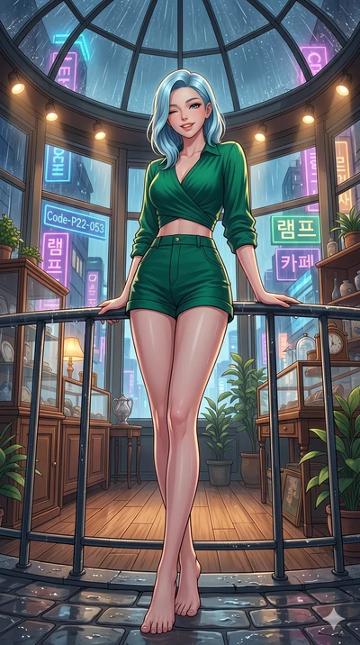 score_9, masterpiece, best quality, ultra-detailed, high-budget anime keyframe, vibrant anime aesthetic, Korean woman. low angle full-body shot from head to toe showing her feet, filling the entire 9:16 vertical frame with her statuesque presence, st