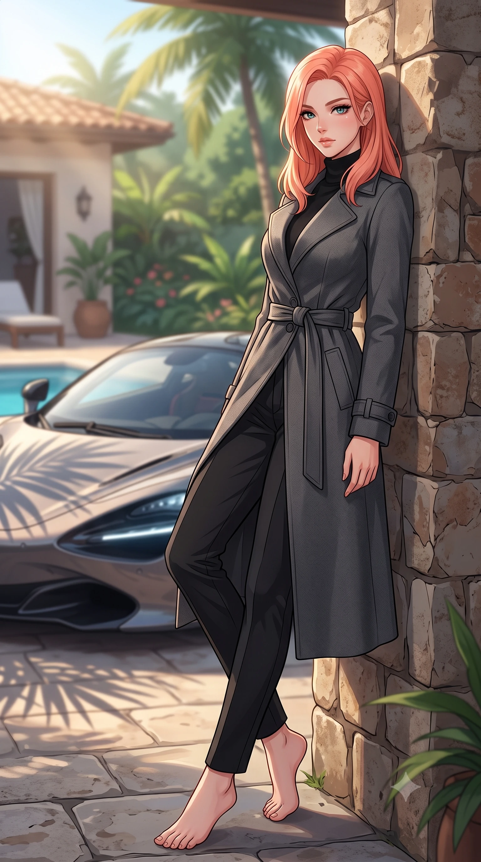 score_9, masterpiece, best quality, ultra-detailed, high-budget anime keyframe, tasteful artistic composition, Japanese woman. low angle full-body shot from head to toe showing her feet, filling the entire 9:16 vertical frame with her statuesque presence, stretching her vertical silhouette. leaning back against a rustic stone wall, casting a slow, alluring gaze at the camera the background shows a soft-focus a luxury villa pool deck with a parked supercar overlooking a tropical garden. She has an absolutely perfect, statuesque 8.5-heads proportion, an exceptionally tall and slender model-like female figure with impossibly long slender legs and an ultra-slim waist. sharp v-shaped jawline, high-bridge nose, intricate jewel-like eyes with depth, thick eyelashes, glossy lips with a natural sheen. wearing a form-contouring tailored wool trench coat in charcoal grey, worn closed over a black cashmere turtleneck and trousers. soft morning sunrays casting elegant shadows of palm leaves across the car. highly saturated vibrant anime colors, cel-shading, 2d style, master piece, 9:16 ratio